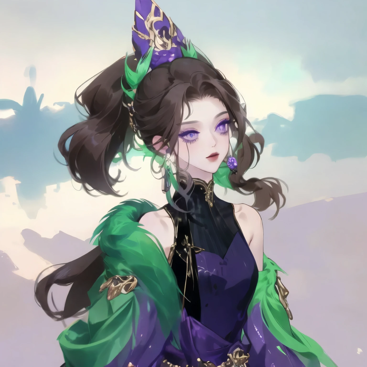 Italian Girl anime version (power to control the wind, purple eyes and light brown medium hair, green and black sleeveless clothes and jacket in Italy)