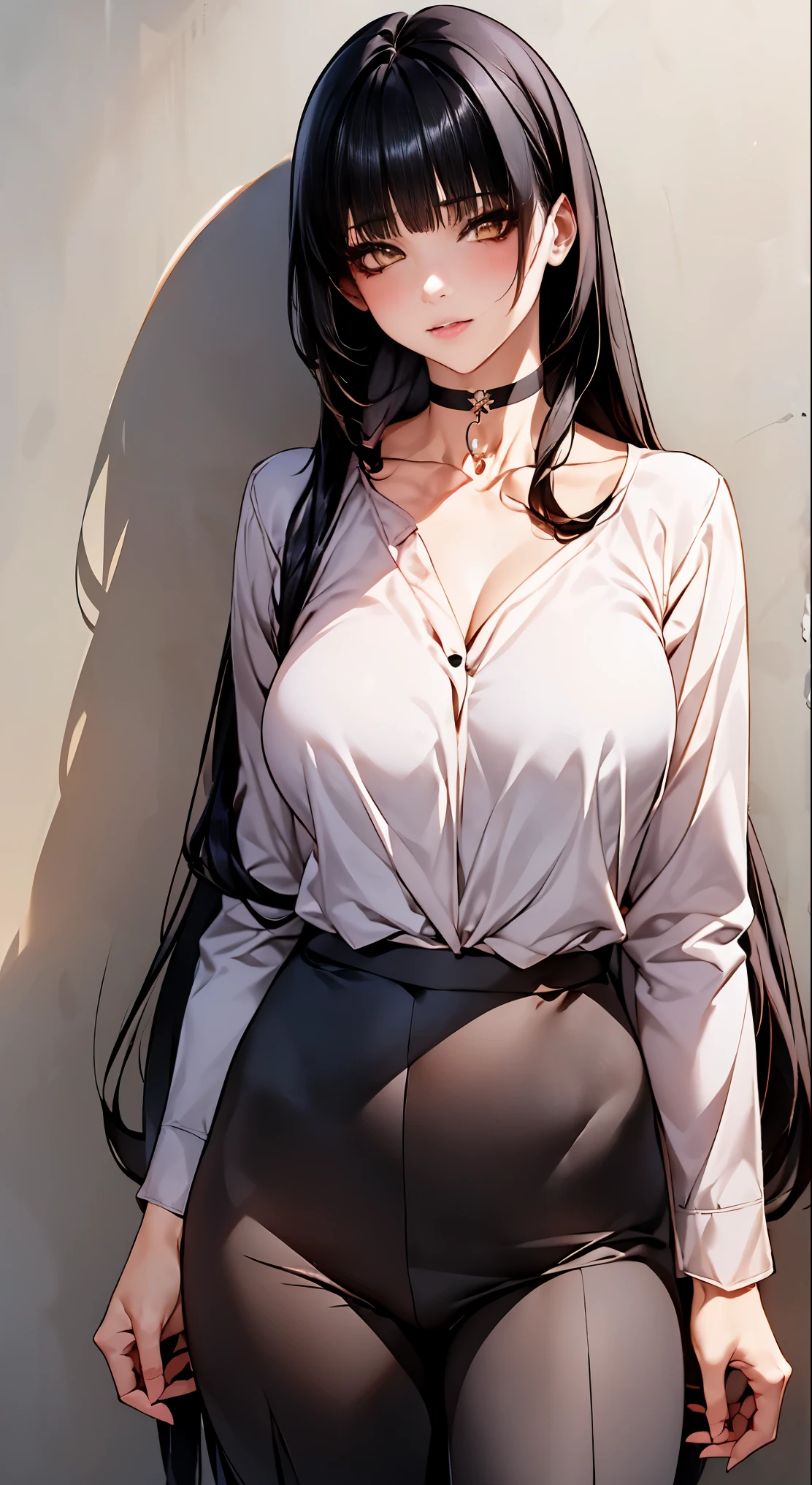 (masterpiece:1.2, highest quality), (realistic, photorealistic:1.4), beautiful illustrations, 
looking at the viewer, whole body, Front view:0.6, 
((1 female:1.9)),  ((black hair, straight long hair:1.7)), ((big breasts:1.6, big ass)) 
beautiful hair, beautiful face, beautiful and detailed eyes, (yellow eyes:1.3), beautiful clavicle, beautiful body, beautiful breasts, beautiful thighs, beautiful feet, beautiful fingers, perfect anatomy:1.3, perfect anatomy
(street:1.4)
((Collarless jacket:1.8, blouse, wide pants:1.3, choker:1.6)), 
((put your left hand on your chest, open your legs:1.3)), 
(Look at the viewer while blushing:1.3)