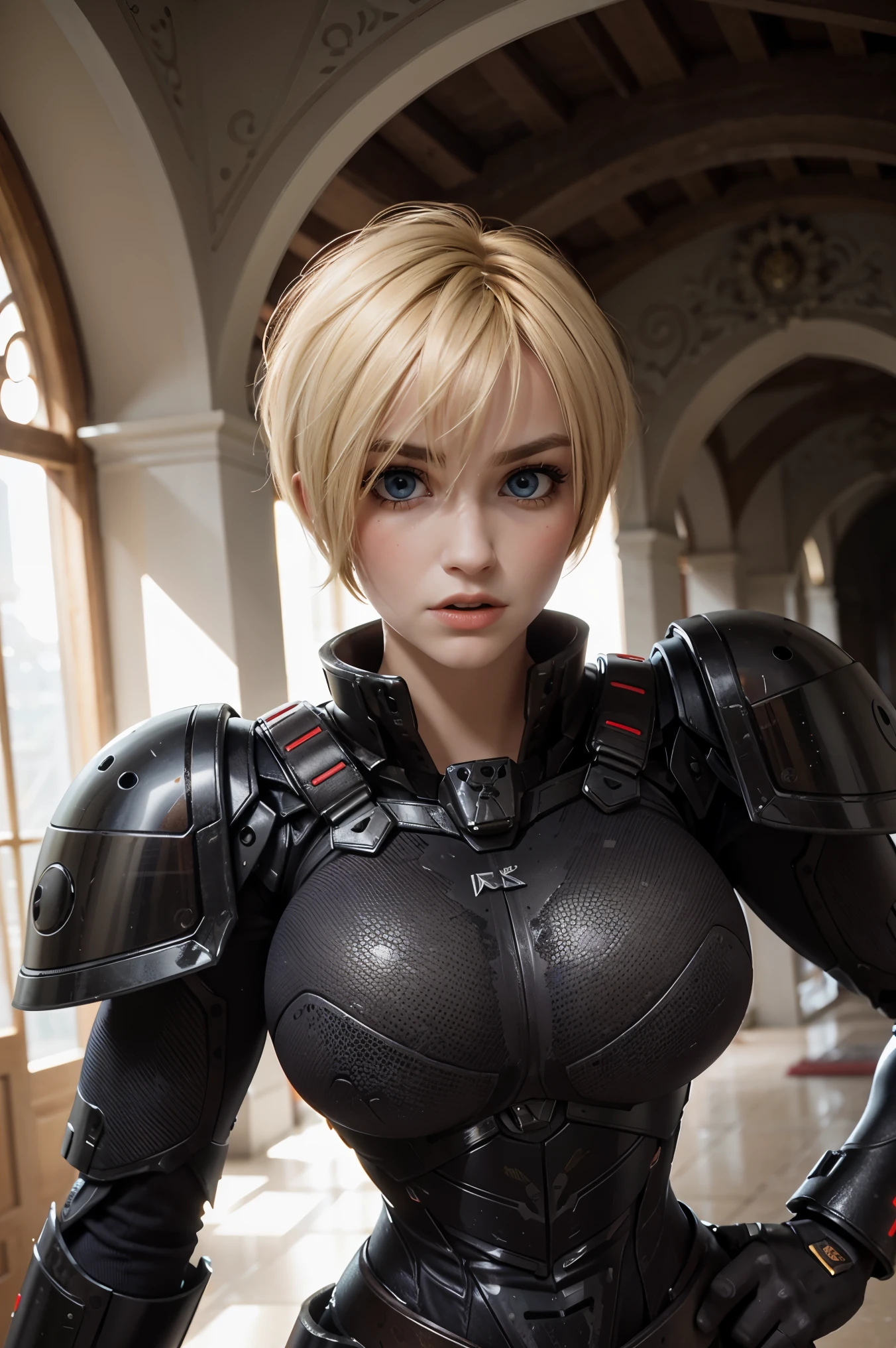 A stunning and intricate full color Ultra-HD portrait, girl, short golden blonde hair left bang, blue eyes, detailed face, wearing heavy tight fitting black and red armor, epic character composition, alessio albi, nina masic, sharp focus , natural lighting. , subsurface dispersion, f2, 35mm