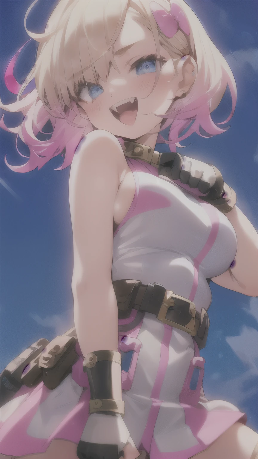 gwenpool, 1girl, weapon, blonde hair, multicolored hair, solo, blue eyes, sword, pouch, superhero, short hair, gradient hair, open mouth, belt, two-tone hair, pink hair, breasts, gloves, belt pouch