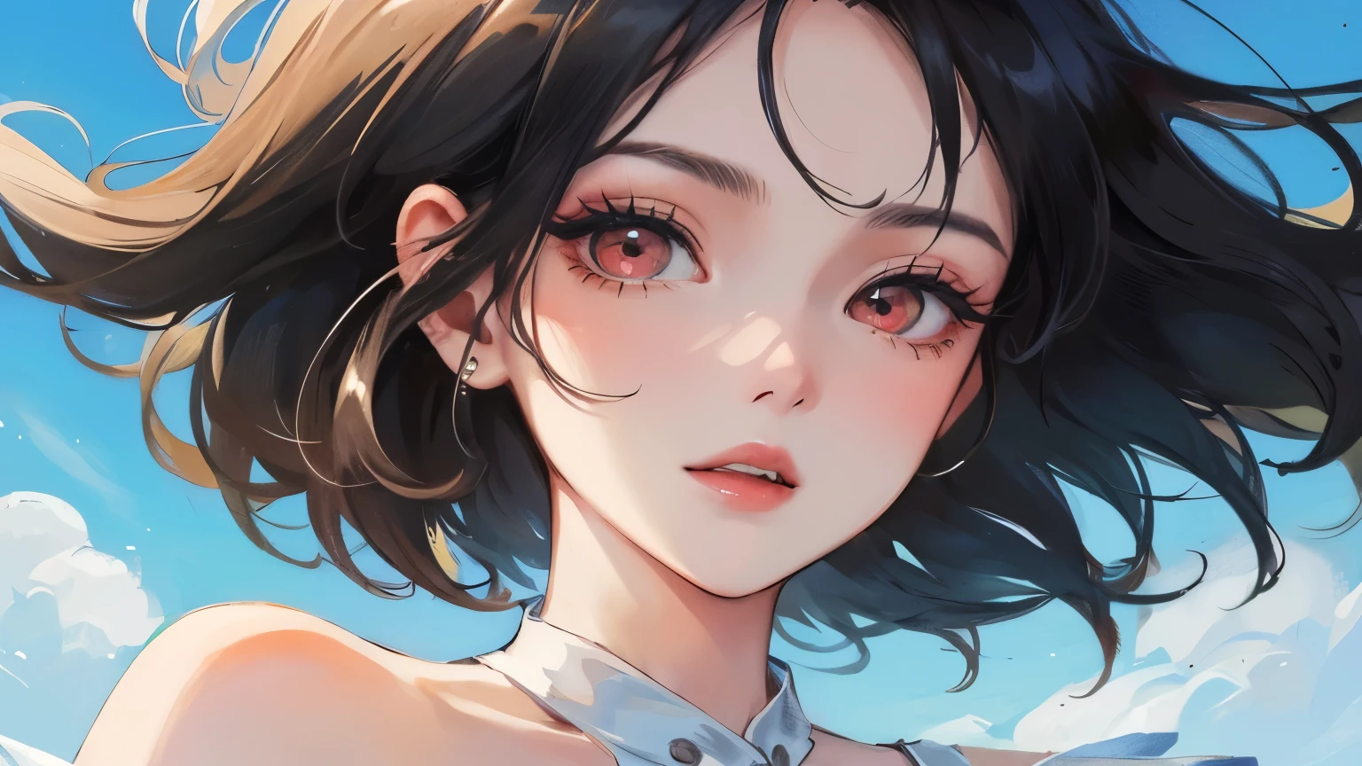 (masterpiece),(Highest quality:1.0), (Ultra-high resolution:1.0), Detail view, 8K, anime, One girl, beautiful anime girl, Wearing a dress, Flower Crown, Pretty face, Detailed face, Beautiful Eyes, Fine grain, Dark red eyes, Bright red lips, Red lipstick, Beautiful and stylish hair, Hair highlights, bangs anime style, Highest quality, Vibrant