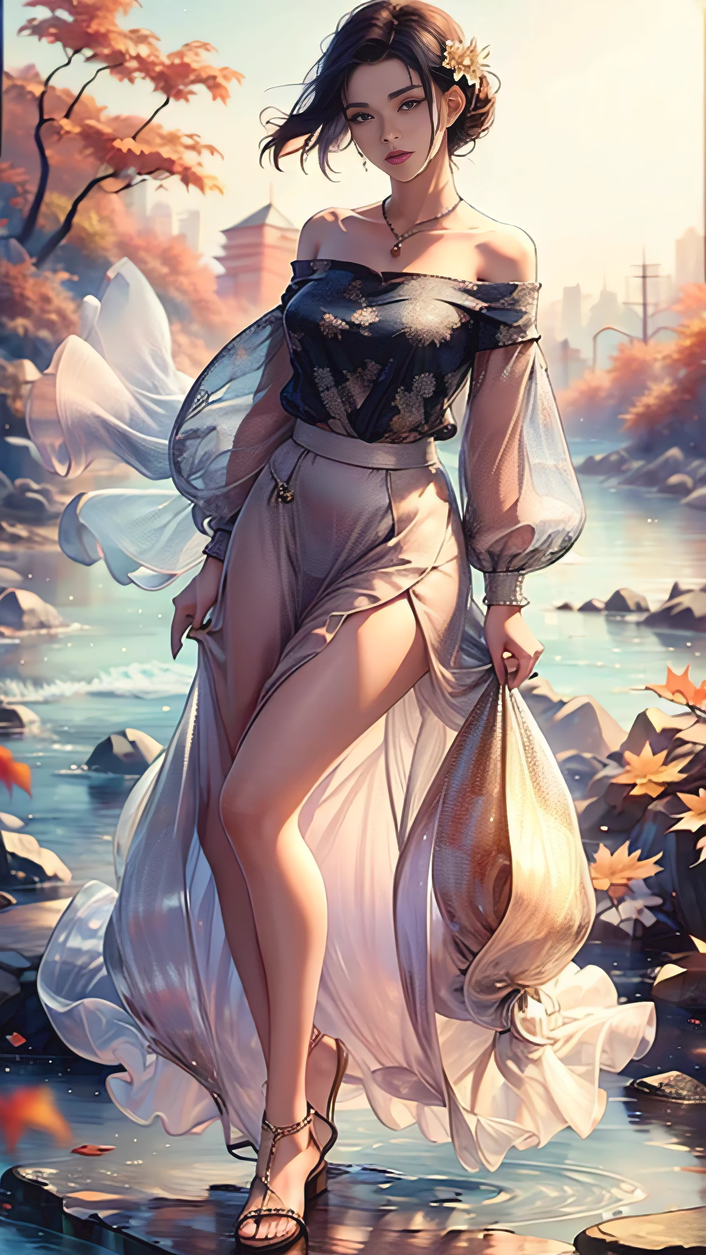 ((masterpiece, best quality,edge quality)), smug,giggle, edgADC_Fashion, long skirt, autumn leaves print,sandals,off shoulder shirt,Permanent installation ,Wearing edgADC