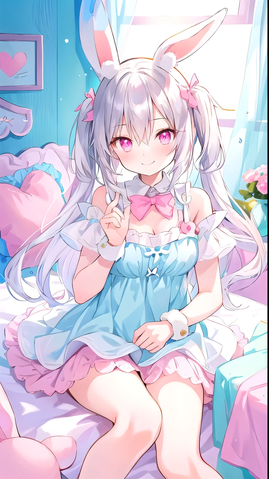 beautiful illustrations, best quality, cute young woman, bedroom, pastel colors, Fluffy bunny ears, , long silver hair, Stuffed bunny, bright light, Pale pink eyes, Smiling sheepishly
