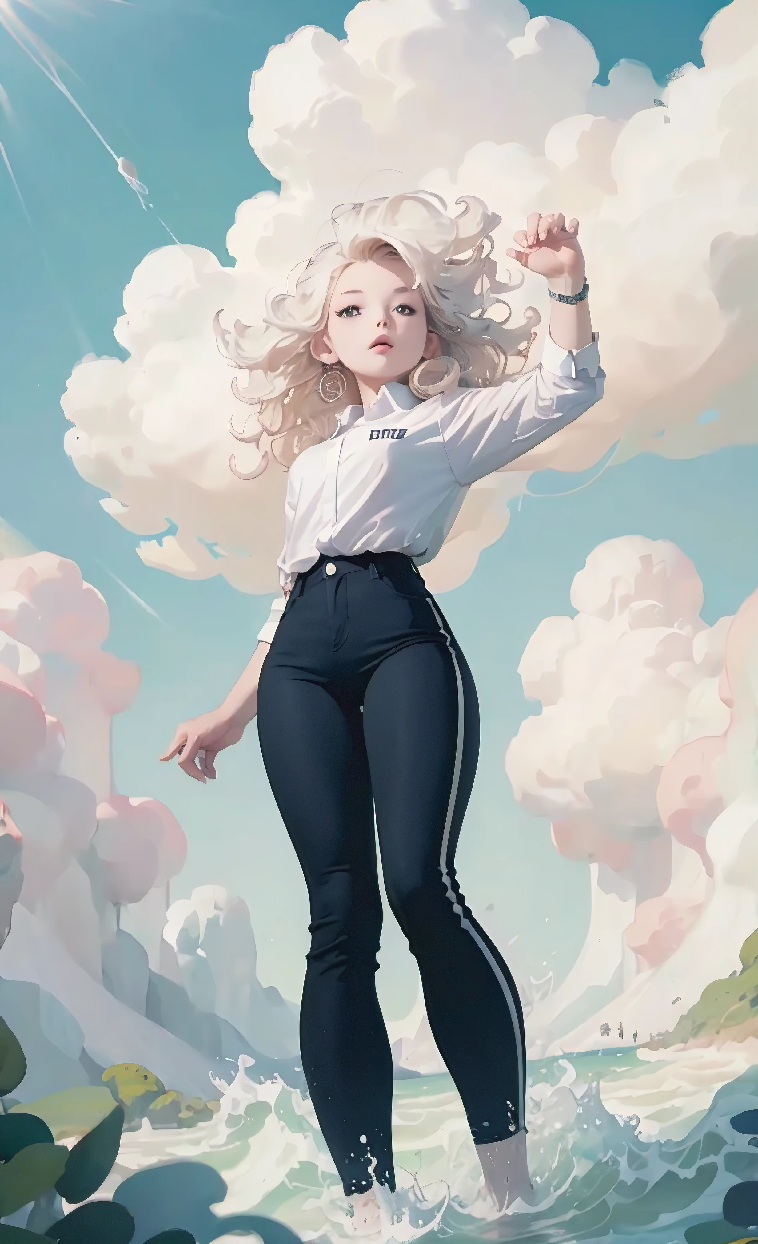 masterpiece, best quality,correct anatomy, 1 girl, Short and wavy hair, platinum blonde, shirt, Pants,fluffy clouds, bright, Full of energy, hapiness