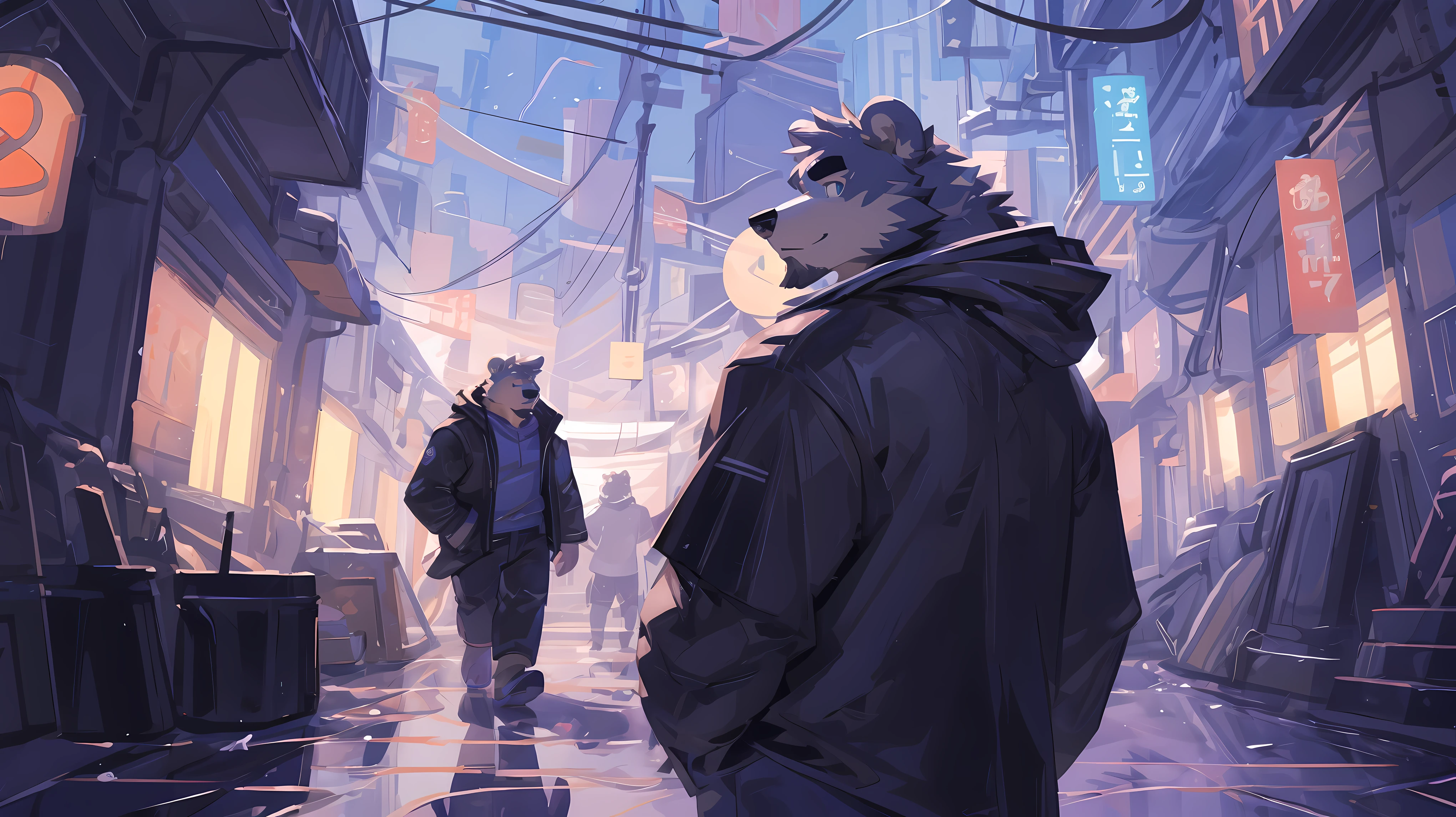 (masterpiece:1.2), best quality,pixiv,official art,(Light线追踪, Light), morning ,(1_male:1.3), (alone:1.2) , portrait , (muscle), (gray fur:1.4), (muscle bear), (bear tail), (beard:1.2), thick eyebrows, cyberpunk, neon Light, black vest, open hoodie, cargo shorts , Salar de Uyuni ,reflection, looking at the audience, whole body