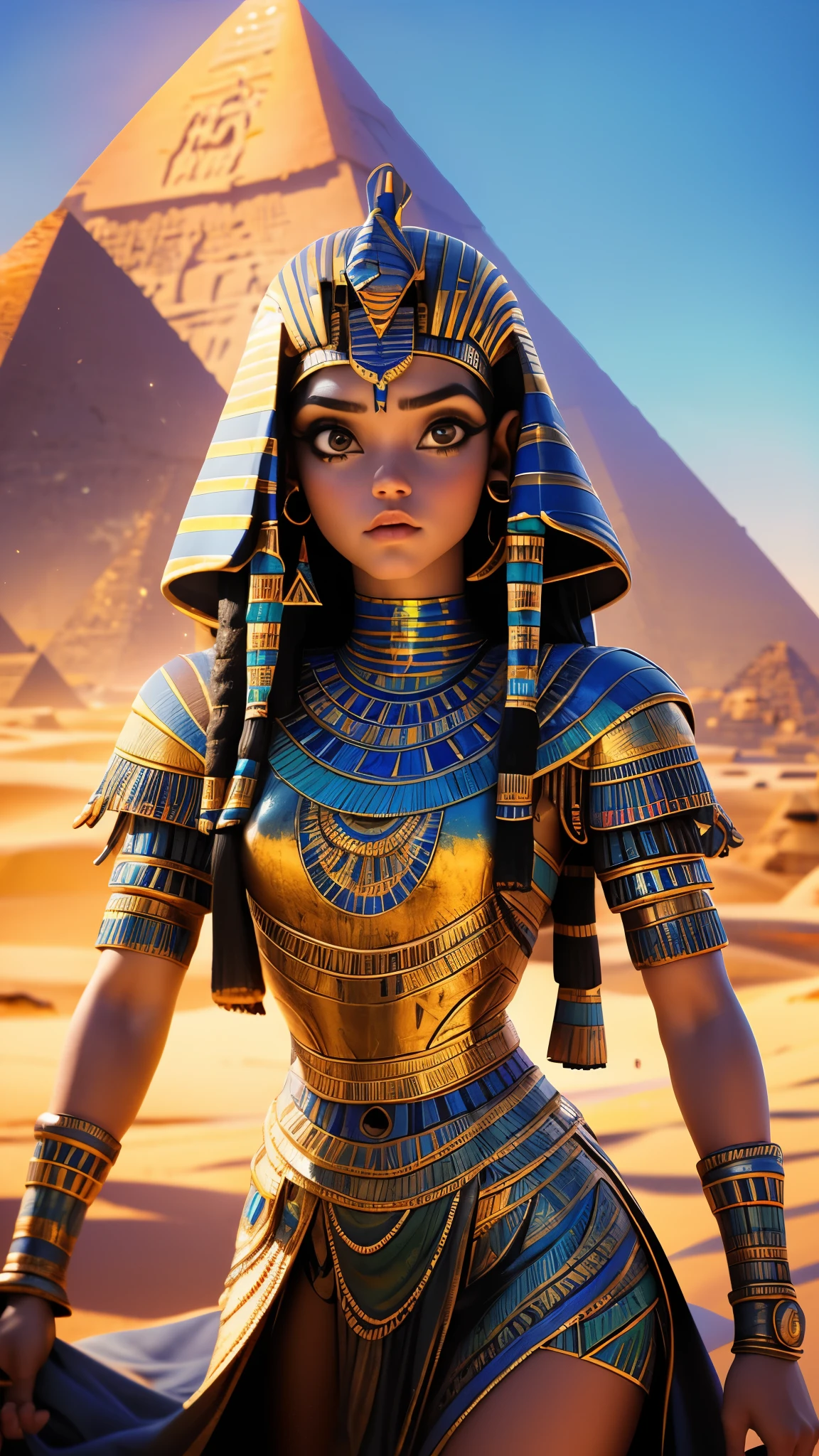 cuerpo completo, Jenna Ortega es cleopatra_(personaje), ancient_Egipto, extraterrestrial, Science fiction, futuristic, de otro mundo, extraterrestre_influencia, exotic_belleza, Obra maestra, Mejor calidad, muy detallado, sharp focus, dynamic lighting, vivid colors, detalle de textura, particle effects, elementos narrativos, estilo narrativo, 16k, UE5, HDR, aislamiento sujeto-fondo, (Jenna Ortega V2.1),(background Egypt pyramid giza:1.4), (fondo desierto de Egipto :1.4), (cleopatra V2.1) 