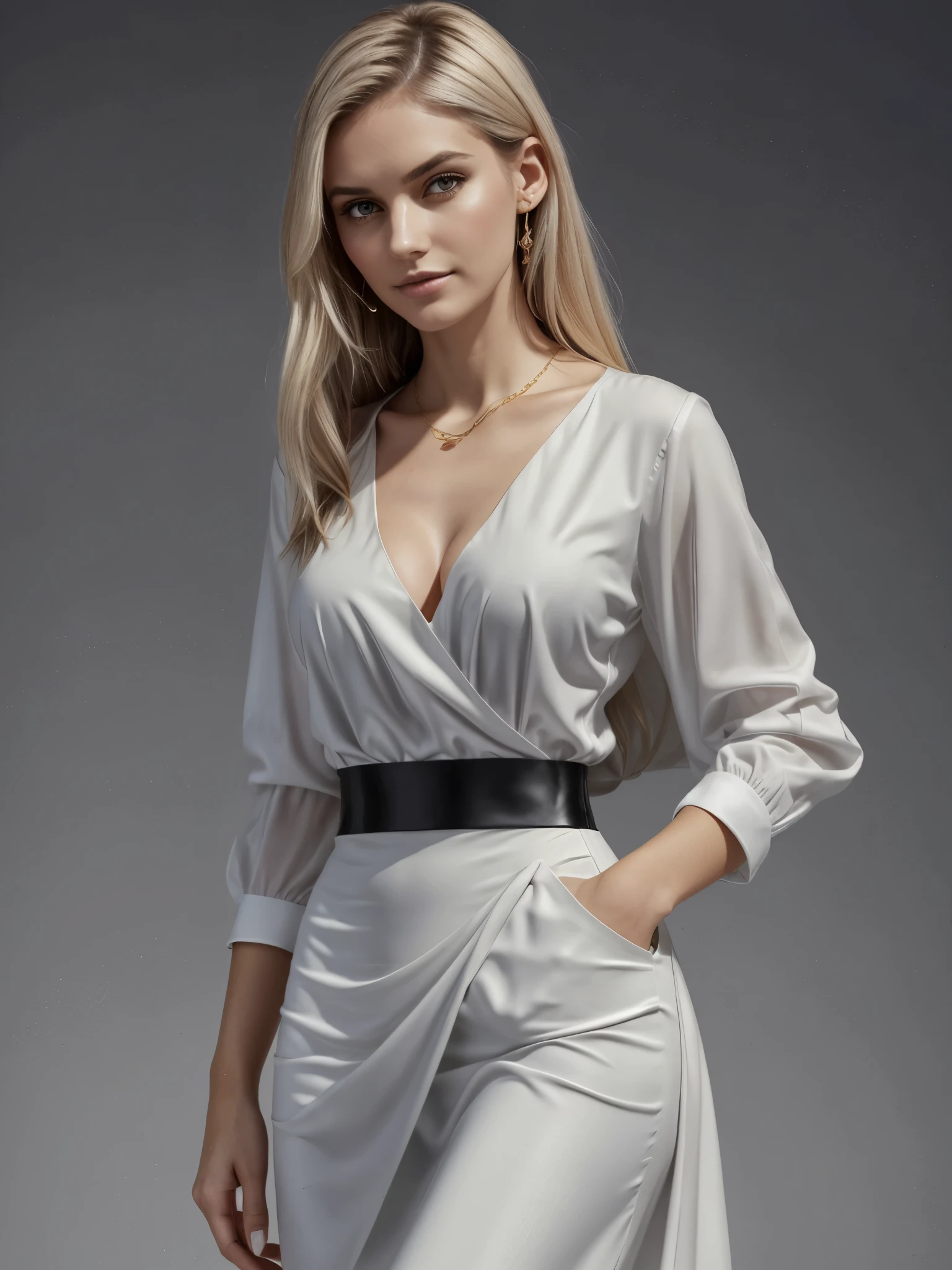 makeup, mascara, simple color palettes, woman 25 years old, stylish, Clean, sharp designs, flowing silhouettes, Tight skirts and pants, high-waisted skirts and pants, simple dresses, shirts and blouses, asymmetrical, geometric, Elegant and luxurious materials and designs, ((big breasts)), ((cleavage)), Simple, minimal accessories, Slim necklaces and rings in silver or gold, Simple bangles, Distinctive designs, simple silhouettes, chic and mature impression, simple and sophisticated style, elegance, minimalism, high quality materials, cool and urban impression, high fashion, , simplicity and sophistication, plain white dress, chic white dress