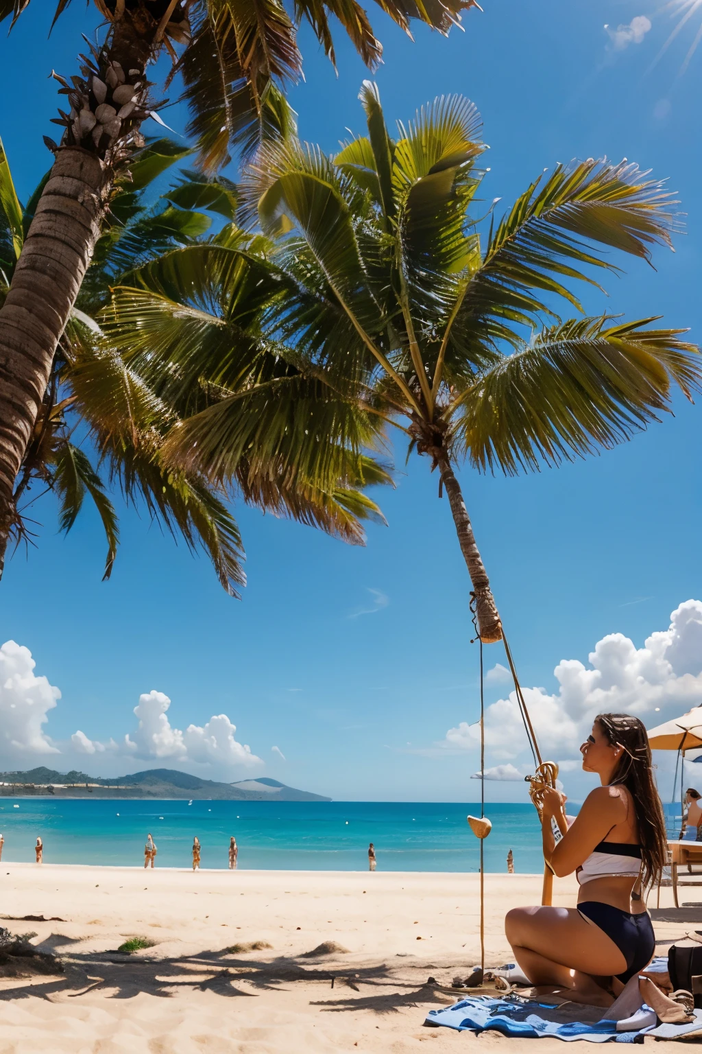crea la imagen de una trompeta instrumento musical en si bemol, en medio de la arena de playa con sol y unas palmeras