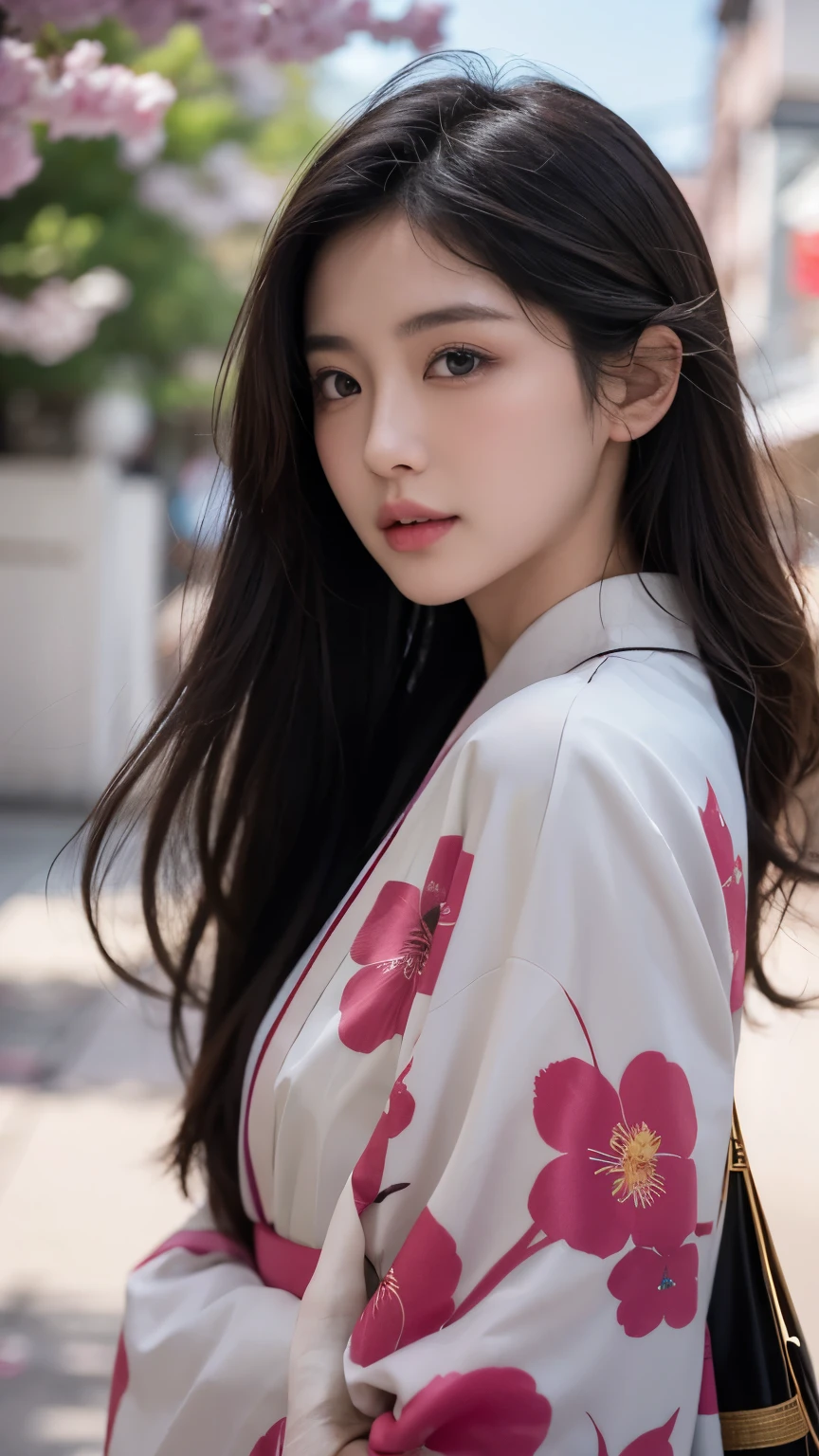 Beautiful Japanese supermodel woman, A lock of hair with slight highlights, black eyes, mixed media, Sexy,Sakura background,Gorgeous kimono , Liquid color flows across her face, Backlight