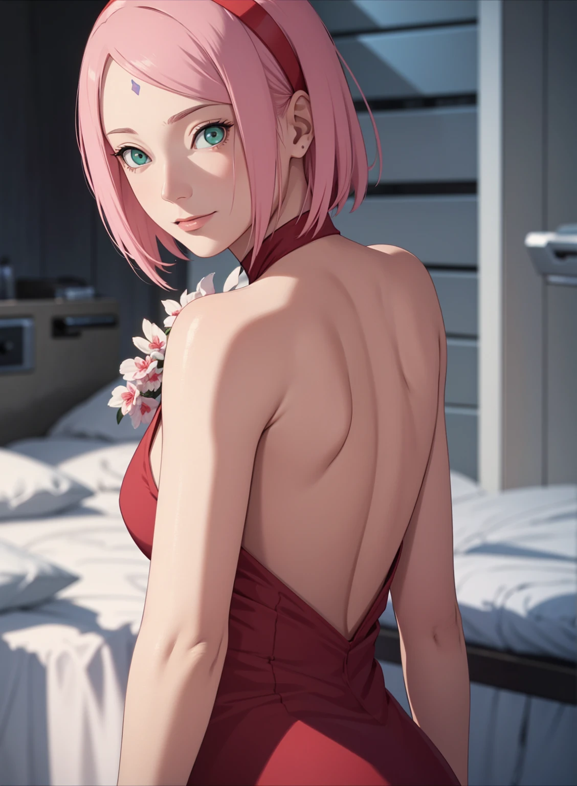 film movie still、1girl in、It's standing、24 years、pale-skinned、innocent smiles、white stockings、((A detailed face))、(Detailed skin)、Moist with intricate details、Shallow depth of field、[volume fog、shot at 8k resolution、Sakura Haruno, A pink-haired,short detailed hair, Red headband, red dress, Green eyes，Close-up, upper body, backwards, looking back