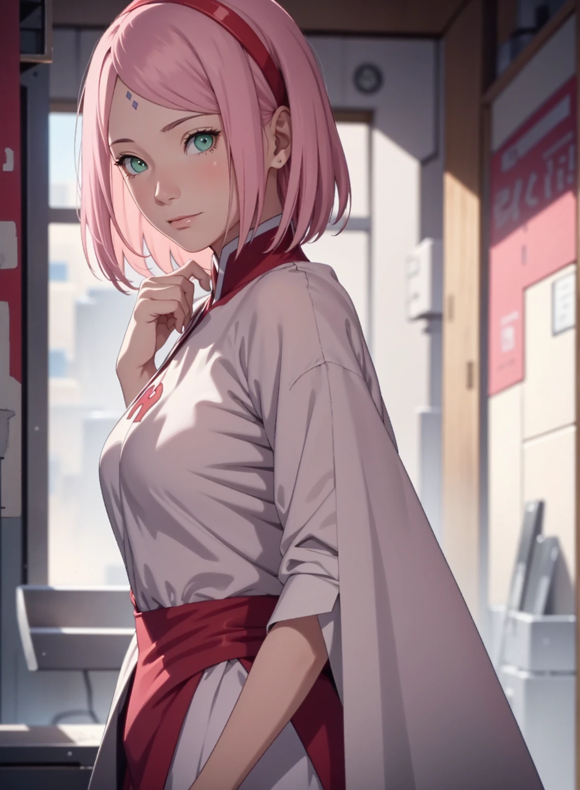 film movie still、1girl in、It's standing、24 years、pale-skinned、innocent smiles、white stockings、((A detailed face))、(Detailed skin)、Moist with intricate details、Shallow depth of field、[volume fog、shot at 8k resolution、Sakura Haruno,A pink-haired,short detailed hair,Red headband,Green eyes，Close-up, upper body