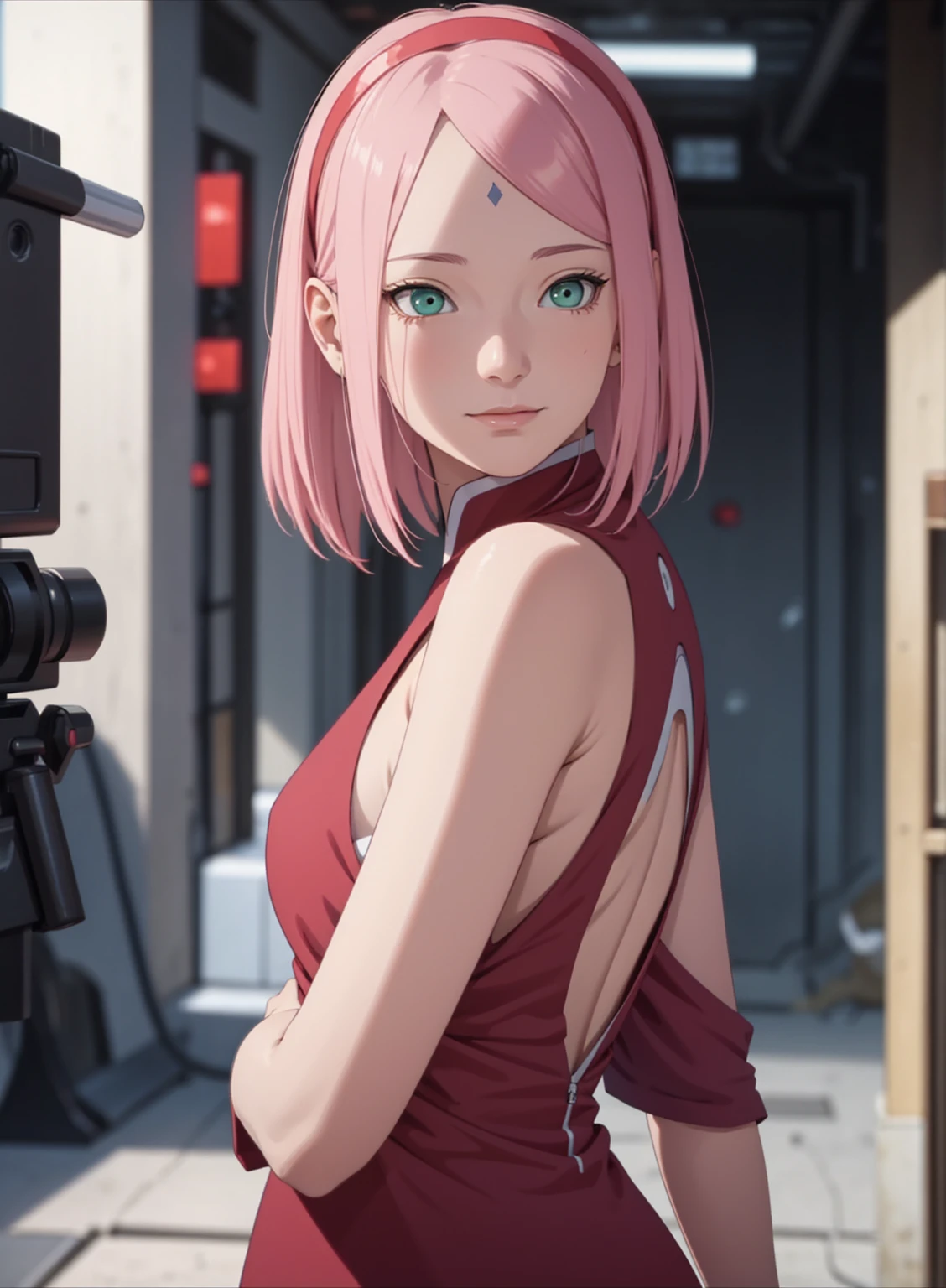 film movie still、1girl in、It's standing、24 years、pale-skinned、innocent smiles、white stockings、((A detailed face))、(Detailed skin)、Moist with intricate details、Shallow depth of field、[volume fog、shot at 8k resolution、Sakura Haruno, A pink-haired,short detailed hair, Red headband, red dress, Green eyes,Close-up, upper body, backwards, looking back