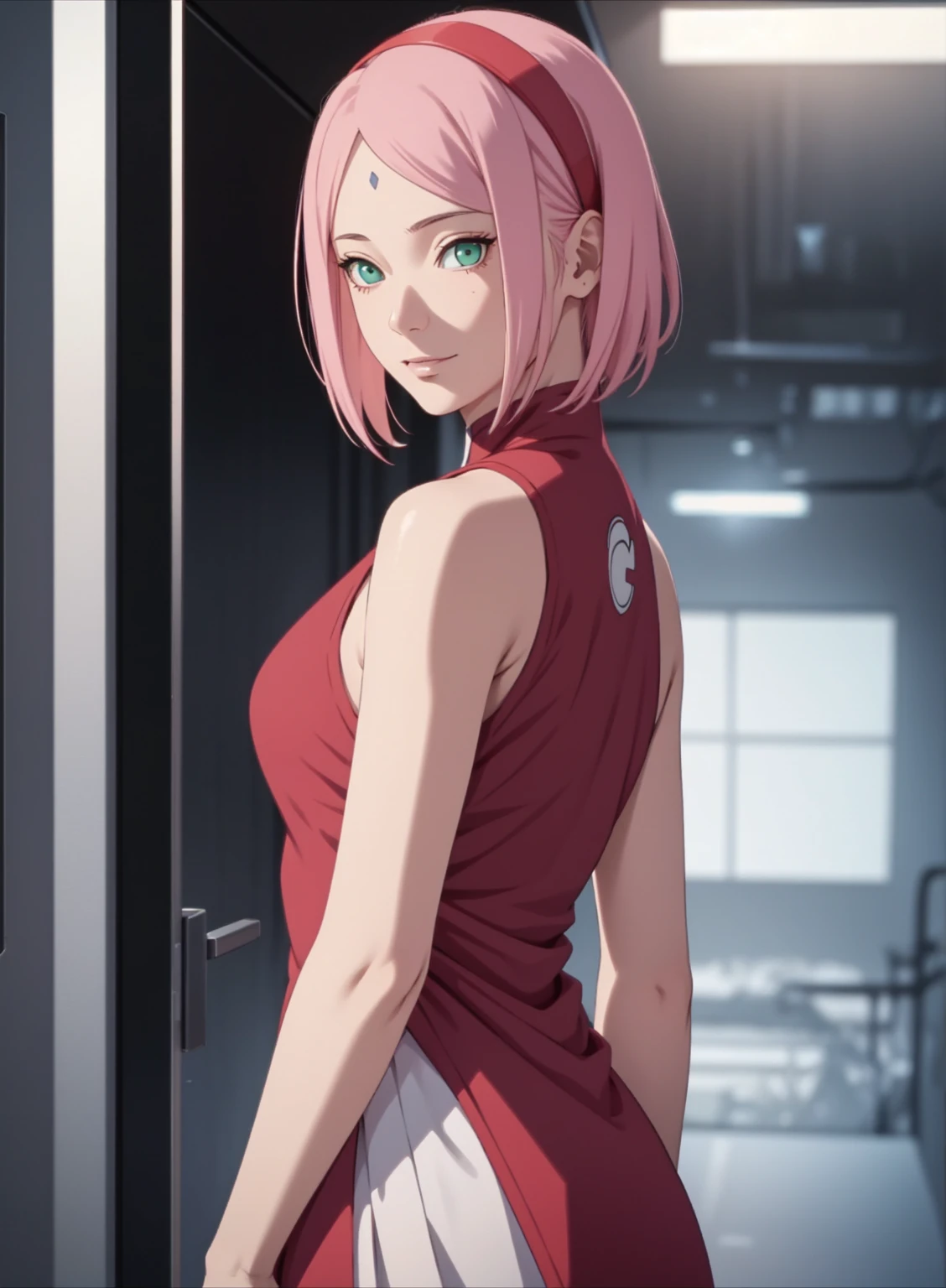 film movie still、1girl in、It's standing、24 years、pale-skinned、innocent smiles、white stockings、((A detailed face))、(Detailed skin)、Moist with intricate details、Shallow depth of field、[volume fog、shot at 8k resolution、Sakura Haruno, A pink-haired,short detailed hair, Red headband, red dress, Green eyes,Close-up, upper body, backwards, looking back