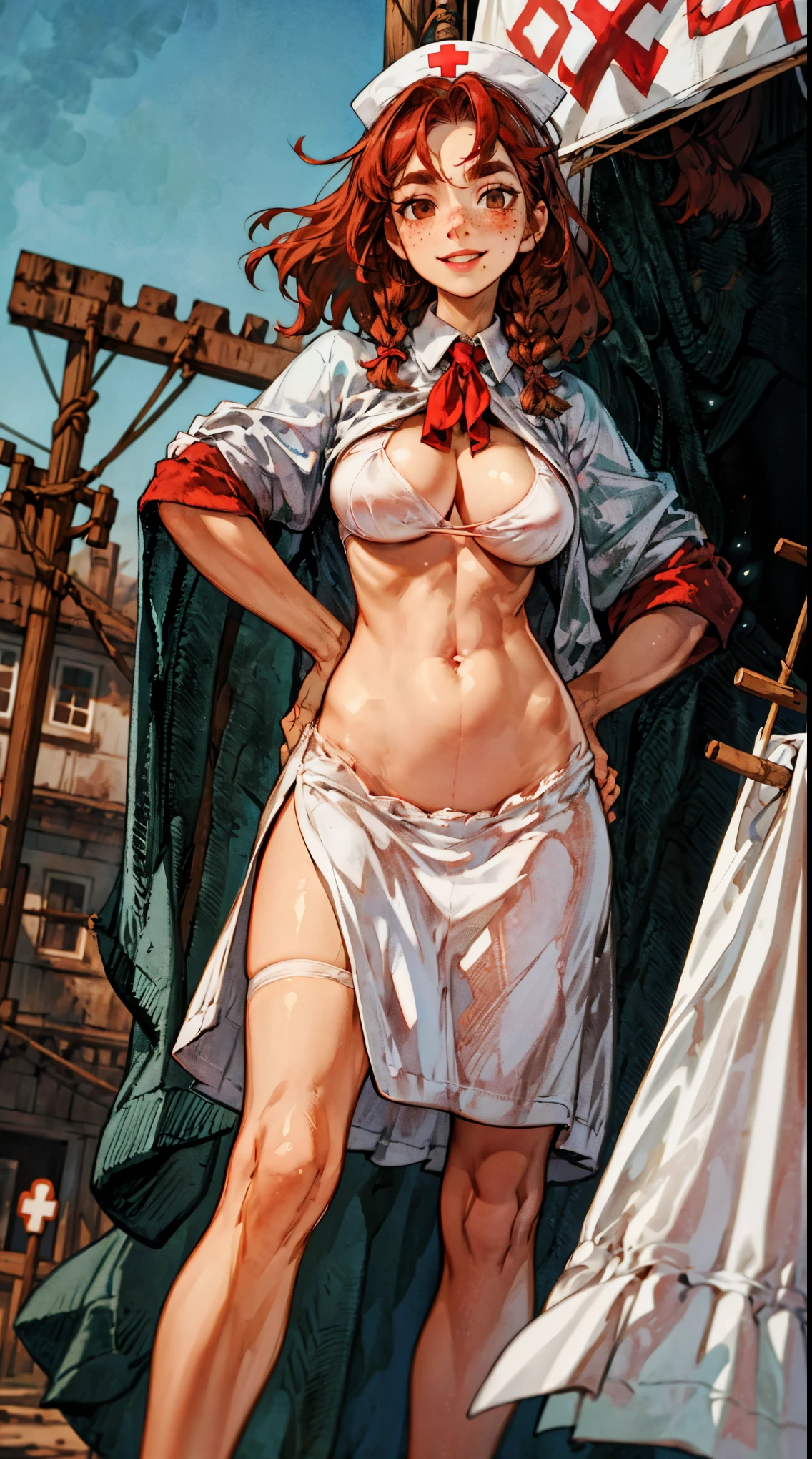 a picture of 1 woman, set in a calm riverside, a 40-year- old Scottish female nurse in world war 2 style, (dawn:1.2), sunshine, peaceful, hopeful, calm. (outdoors:1.5), (((The woman is hanging white sheets to dry on a clotheline.))) relaxed pose, hand on her hip. She has has copper red hair, tied up to a braid, ((brown eyes)), downturned eyes, high cheekbones, strong eyebrows, freckles, strong jaw, strong face, cheerful smile, energetic, hopeful expression, white nurse outfit with white jacket and white skirt, white nurse headgear, red cross. Huge breasts, broad hips, cinematic, UHD, masterpiece, anatomically correct, textured skin, natural blemishes , wrinkles,super detail, high quality, best quality, award winning, highres, 16k, HD,