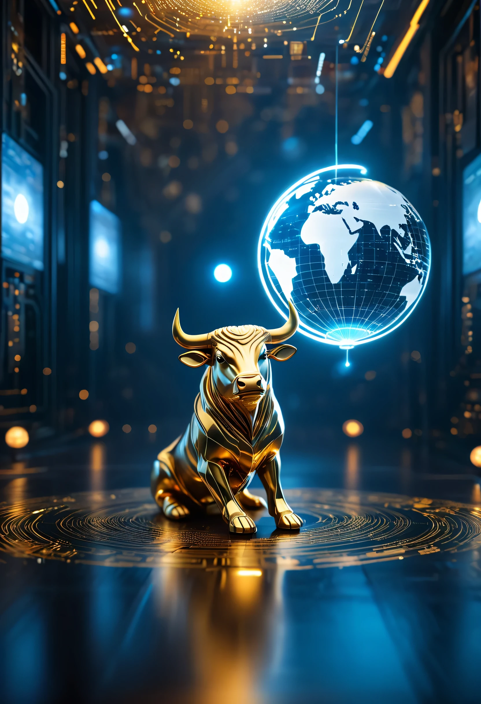 A imagem pode apresentar um fundo futurista, com elementos de tecnologia e criptografia, como blockchains interconectados, cryptocurrency symbols like Bitcoin, Ethereum floating in space. No centro da imagem poderia haver um globo rodeado por uma aura, simbolizando a conectividade global de criptomoedas. e o touro dourado em Wall Street segurando o globo
