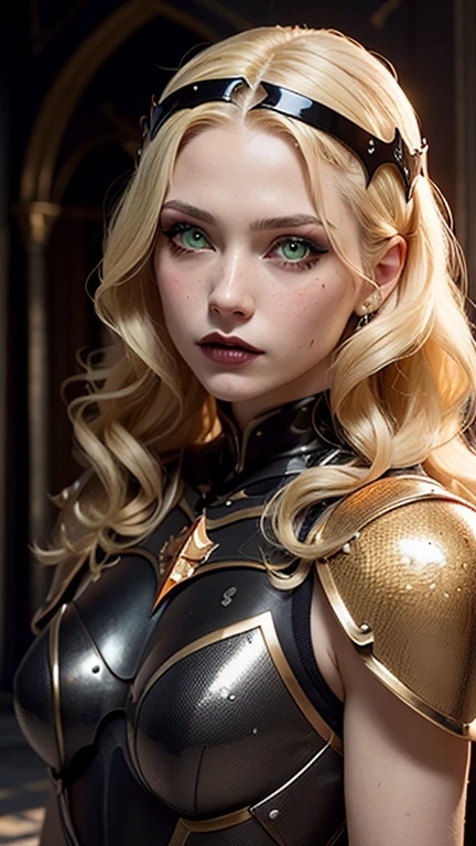((best quality: 1.5)) ((masterpiece: 0.8)), intricate details, sharp focus, professional, photorealistic, real life, realistic representation of the face, ((((solo, 1girl) muscular assassin, golden hour, (albino skin, intense expression, god rays, [flat chest:medium breasts:0.1])))) dynamic action pose, homely face, in the style of realistic and hyper detailed renderings, medieval church, stained glass, solo, BREAK; BREAK (((blonde wavy hair, (blackout gothic eyeshadow, makeup), clear green eyes))), (blemish: 0.7), ((fujicolor)), BREAK; BREAK ((((medieval paladin, (lacquered orange chrome armor:1.9 weapon, modest, knight, iron circlet, etching))), photorealistic, hyper-realistic))