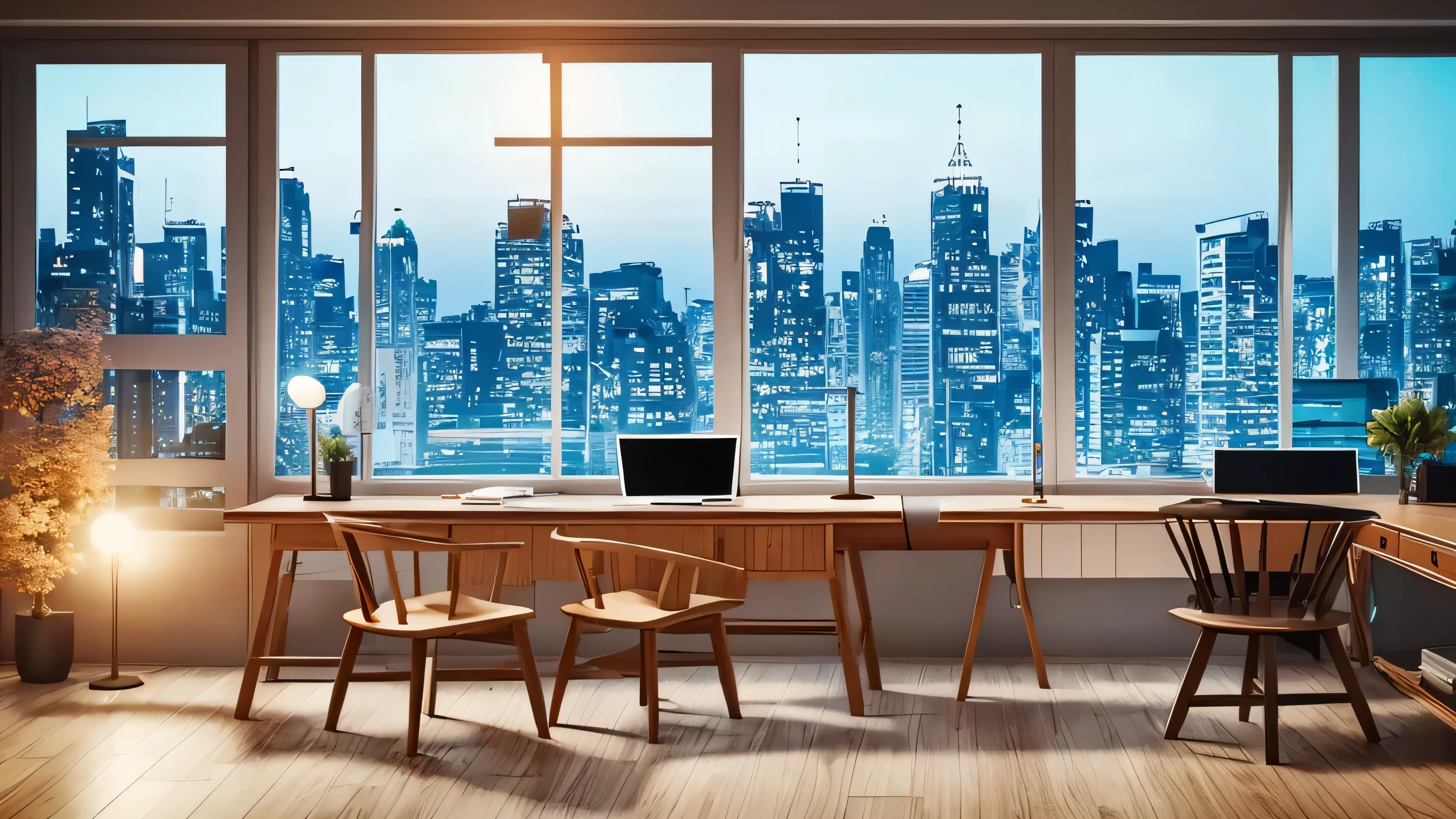 anime style, night time, home office, windows, city view, centered in the image, straight, front facing camera