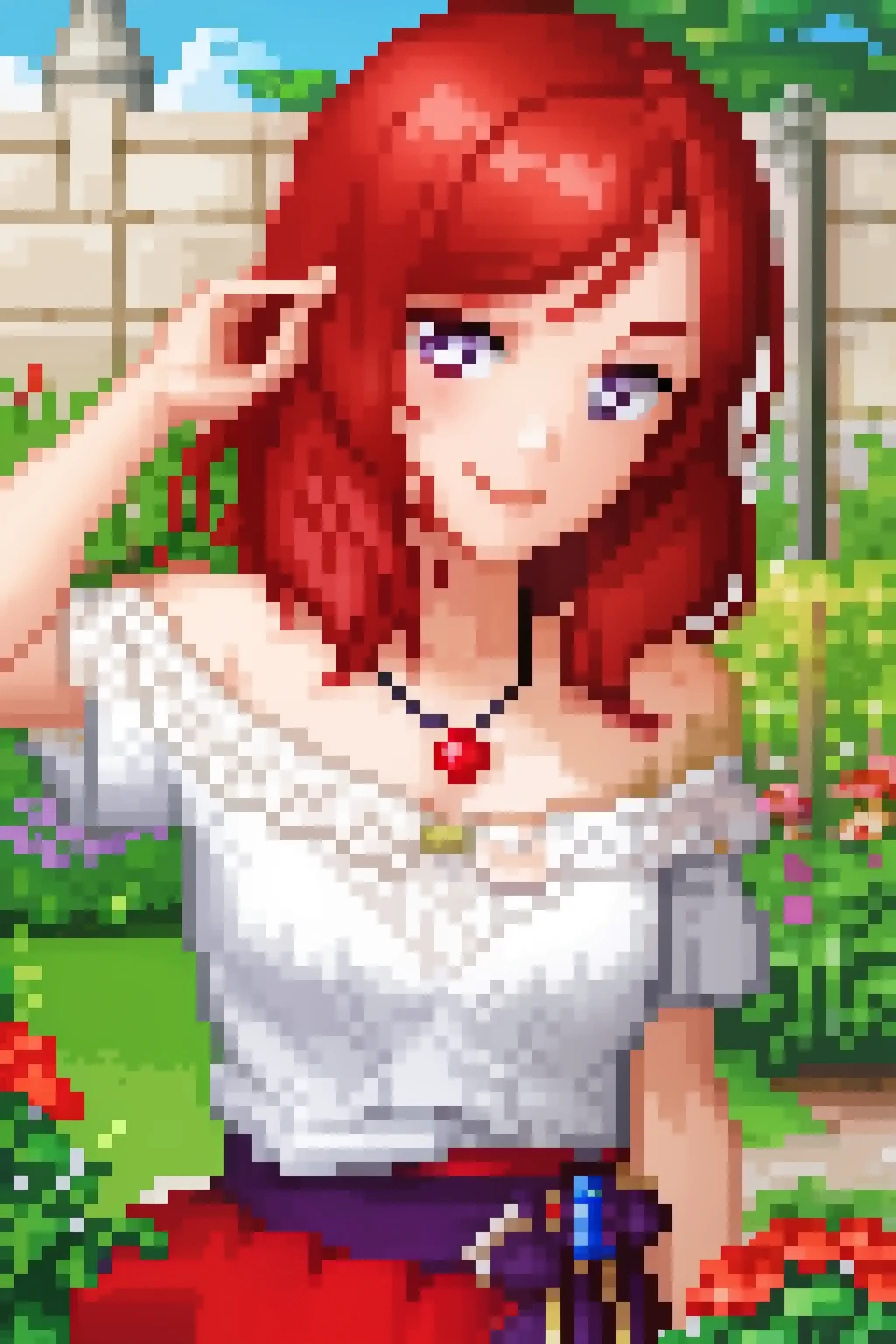 masterpiece, best quality, wallpaper, upper body, nishikino maki,off shoulder t-shirt,skart, necklace,wrist band , purple eyes ,pixel_art,in garden , smile
