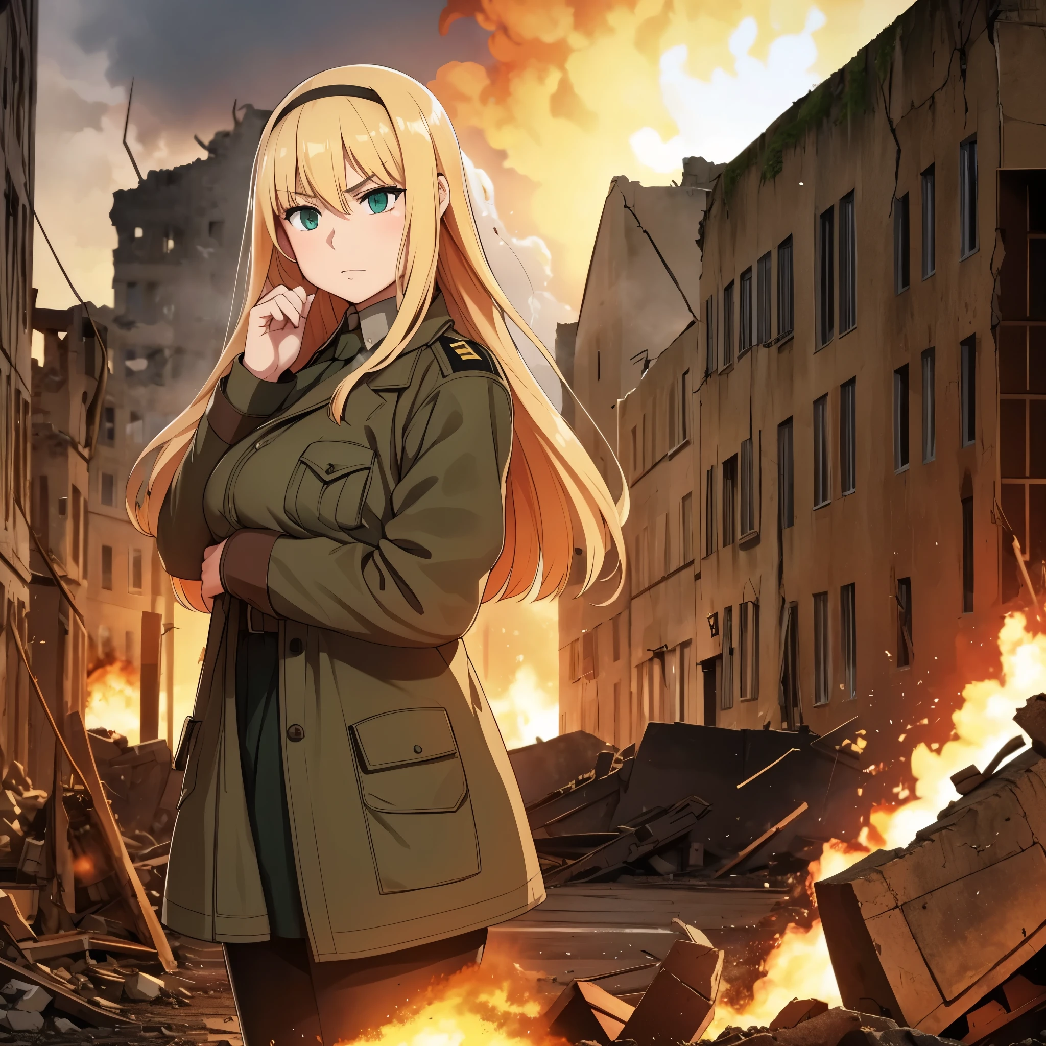 A woman in military clothes, long blonde hair, green eyes, Normandy during the second world war, city in ruins, explosion, perfect hands for a war scene, serious face.
