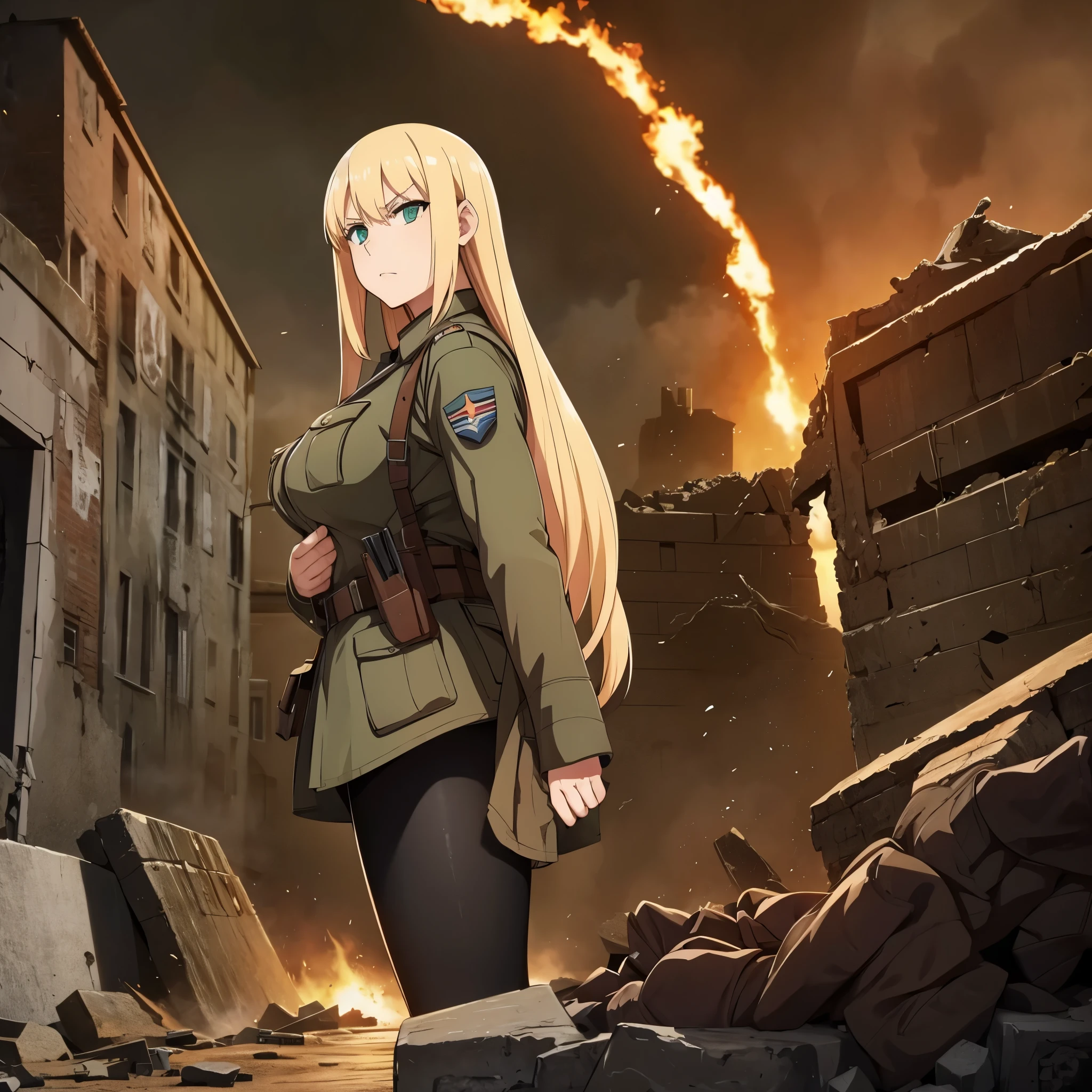 A woman in military clothes, long blonde hair, green eyes, Normandy during the second world war, city in ruins, explosion, perfect hands for a war scene, serious face.
