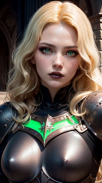 ((best quality: 1.5)) ((masterpiece: 0.8)), intricate details, sharp focus, professional, photorealistic, real life, realistic representation of the face, ((((solo, 1girl) muscular assassin, golden hour, (albino skin, intense expression, god rays, [flat chest:medium breasts:0.1])))) dynamic action pose, homely face, in the style of realistic and hyper detailed renderings, medieval church, stained glass, solo, BREAK; BREAK (((blonde wavy hair, (blackout gothic eyeshadow, makeup), clear green eyes))), (blemish: 0.7), ((fujicolor)), BREAK; BREAK ((((medieval paladin, (lacquered orange chrome armor:1.9 weapon, modest, knight, iron circlet, etching))), photorealistic, hyper-realistic))