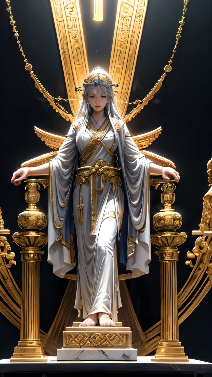 ギリシャの女god，恋愛の女god、stand at the altar、close your eyes，offer a prayer、delicate and beautiful face,silver hair，various hairstyles，garland crown，greek clothing，perfect balance,、 Detailed details of costume,temple，(marble，立ち並ぶgod々statue of，world Tree，god々new light 1.5)、cinematic lighting, film grain, Fuji color, contrast of light and darkness, 8k, masterpiece, rough skin, Super detailed, high detail, high quality, High resolution,Fantastic、godの降臨、old carving style