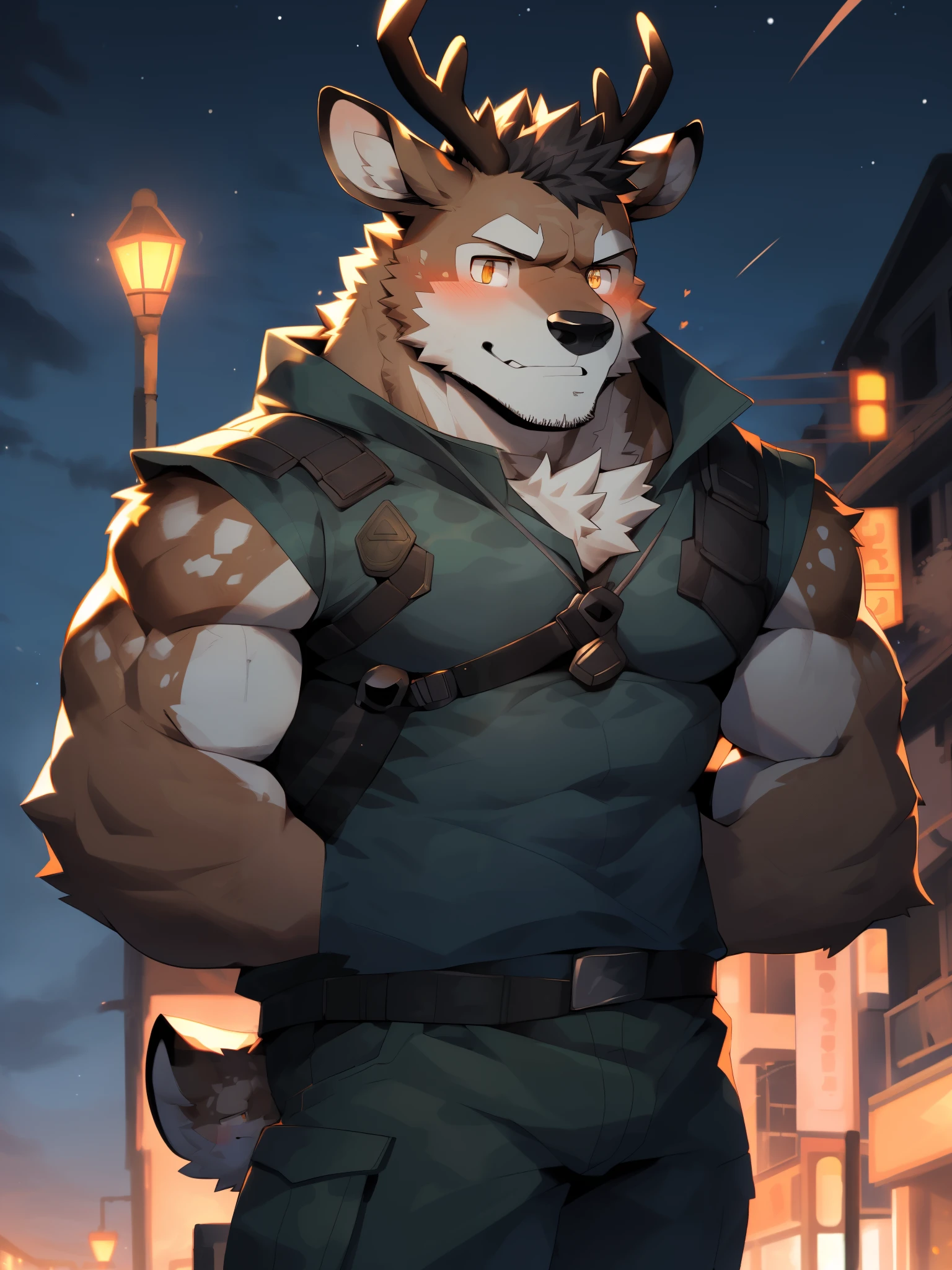 alone, (middle aged male), (muscular,rogue soldier), shaman, (male human deer):1.3, black body, white belly, (Permanently installed):blush,Happy 1.3, (Kanno:1.4) (pray):1.23, (Detailed camouflage clothing, Soldier: 1.2), delicate eyes, Deer tail, deer ears, ((bust)), (delicate eyes, golden eyes,): 1.1, (outdoor: 1.35), wind, grassland,street lights, street, Star, night , (particle, scattered letters, orange light): 1.3, Detailed background, actual, actual hands, 8K HD, (dark shadow, wide dynamic range, high dynamic range, low light: 1.2)