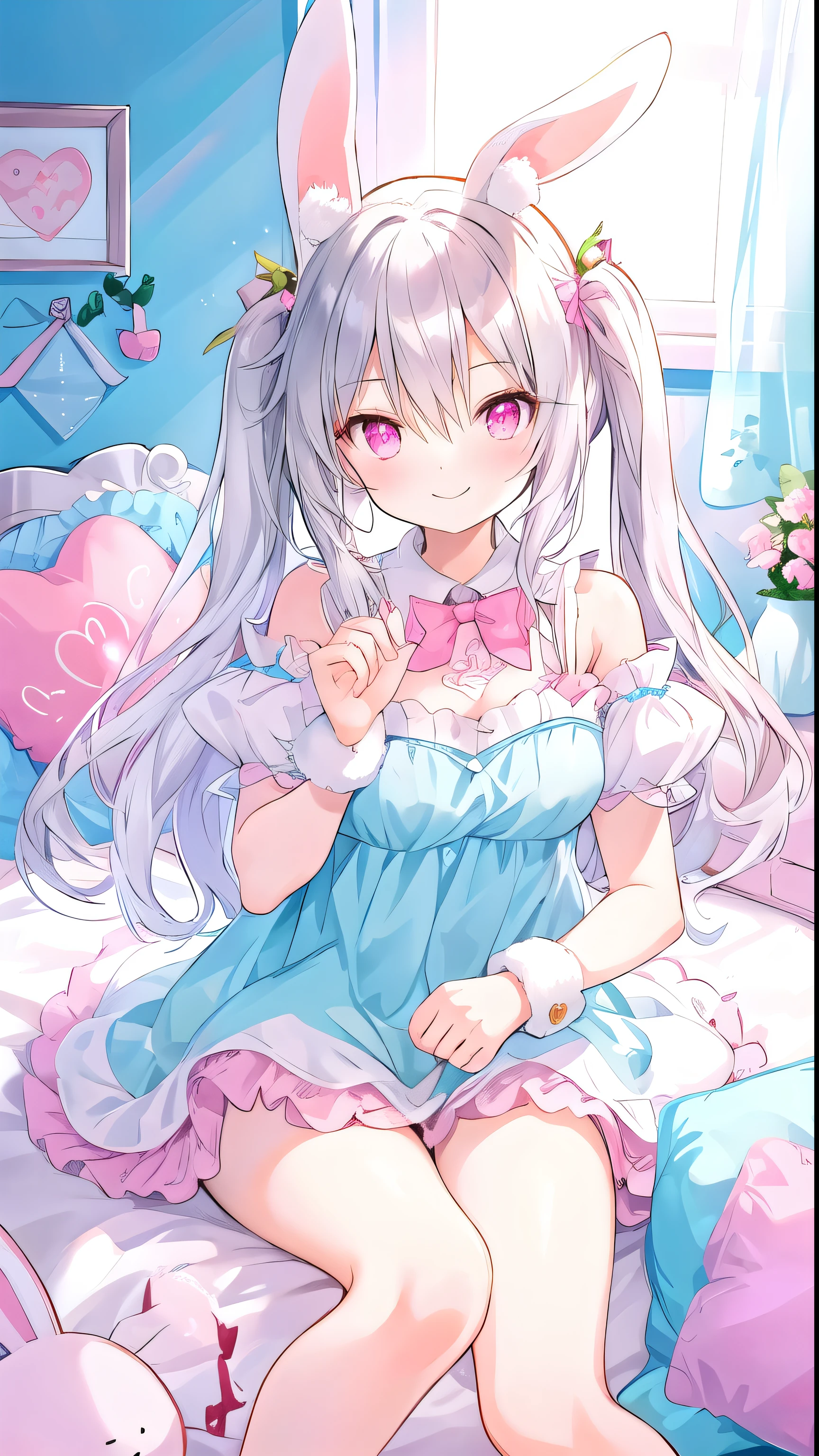 beautiful illustrations, best quality, lovely young woman, bedroom, pastel colors, Fluffy bunny ears, , long silver hair, Stuffed rabbit, light, Pale pink eyes, Smile mischievously