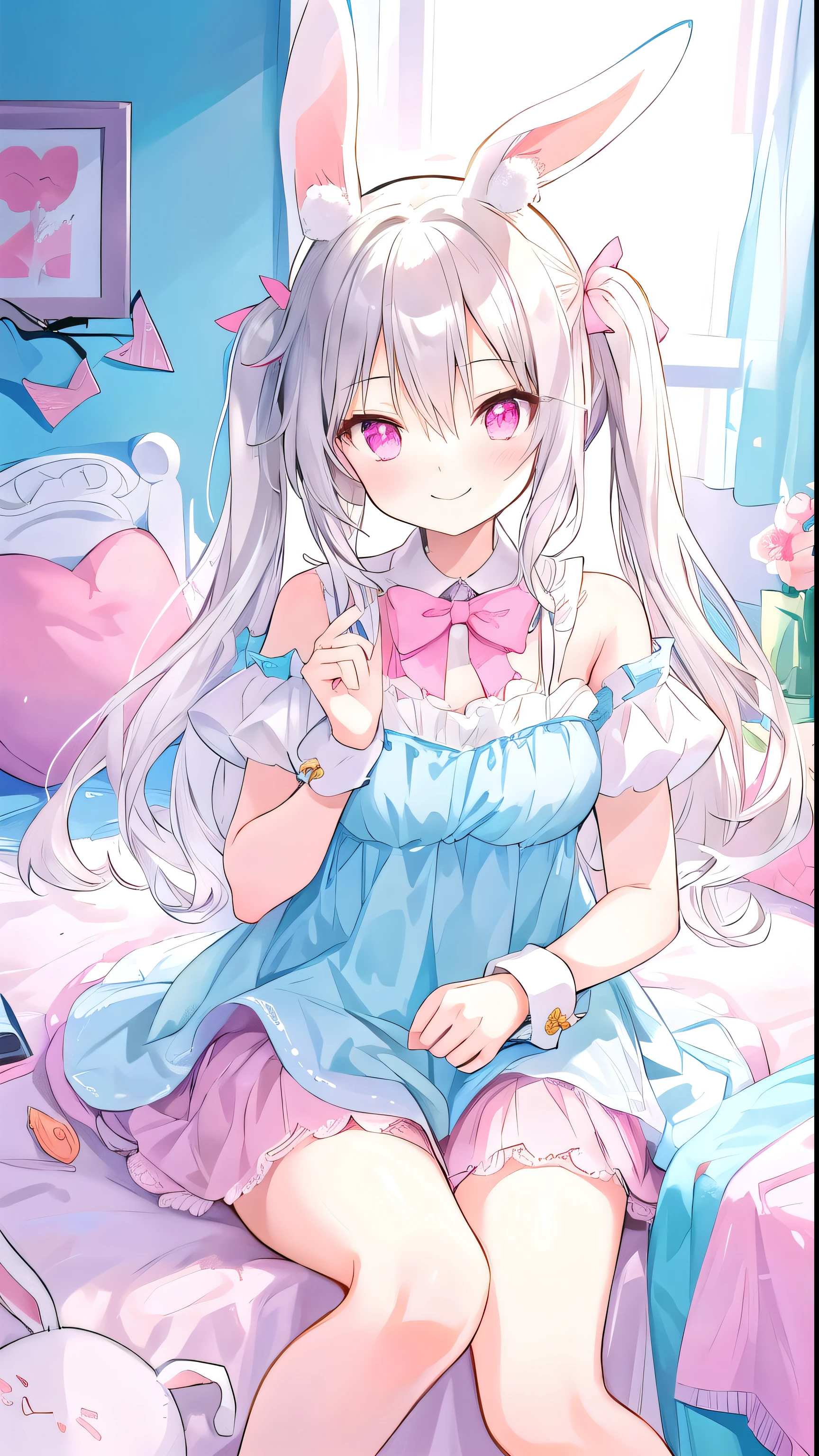 beautiful illustrations, best quality, lovely young woman, bedroom, pastel colors, Fluffy bunny ears, , long silver hair, Stuffed rabbit, light, Pale pink eyes, Smile mischievously