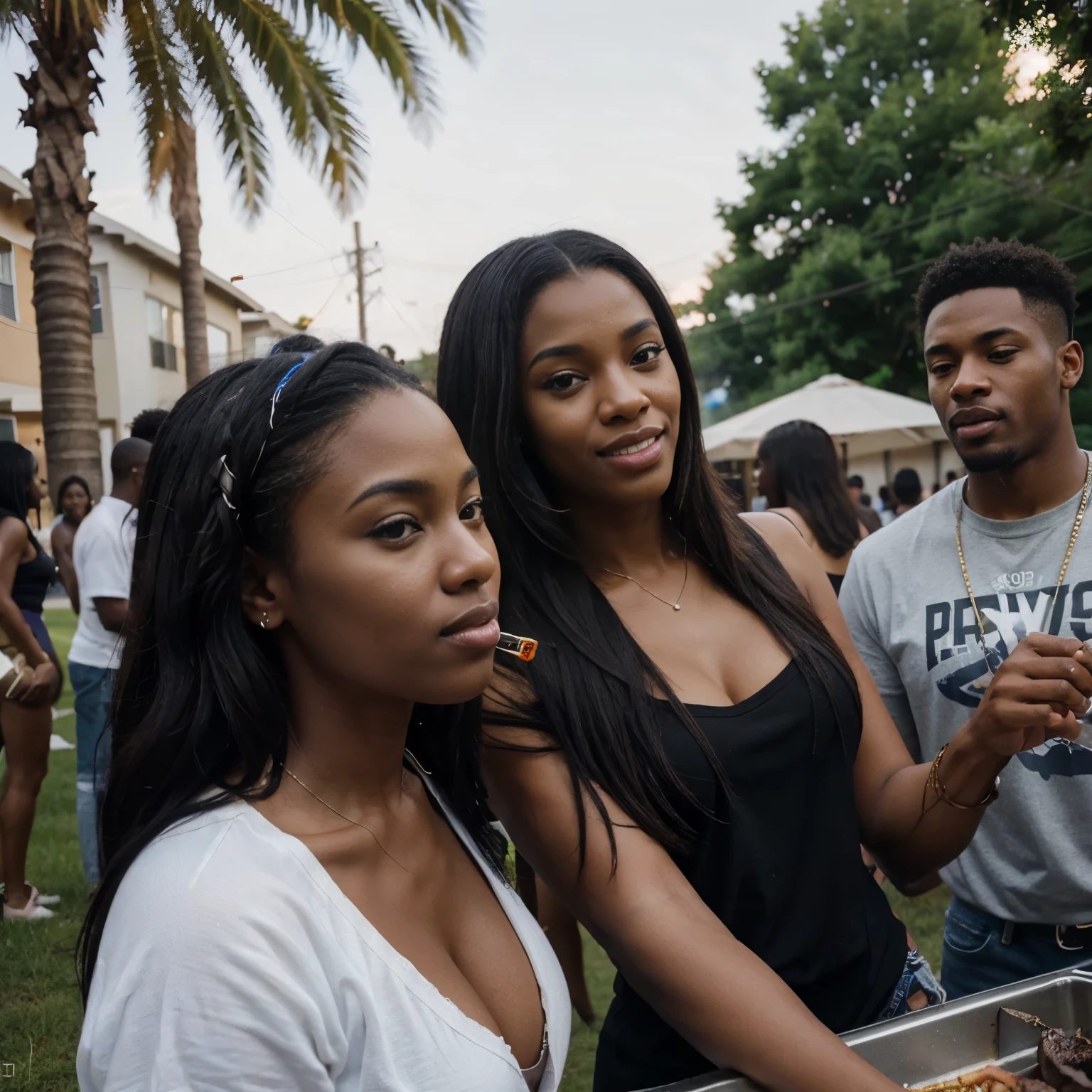 Photo realistic cinematic black American party, having fun, hanging out in the neighborhood, attractive men and women, smoking weed, good looking, summer time cook out