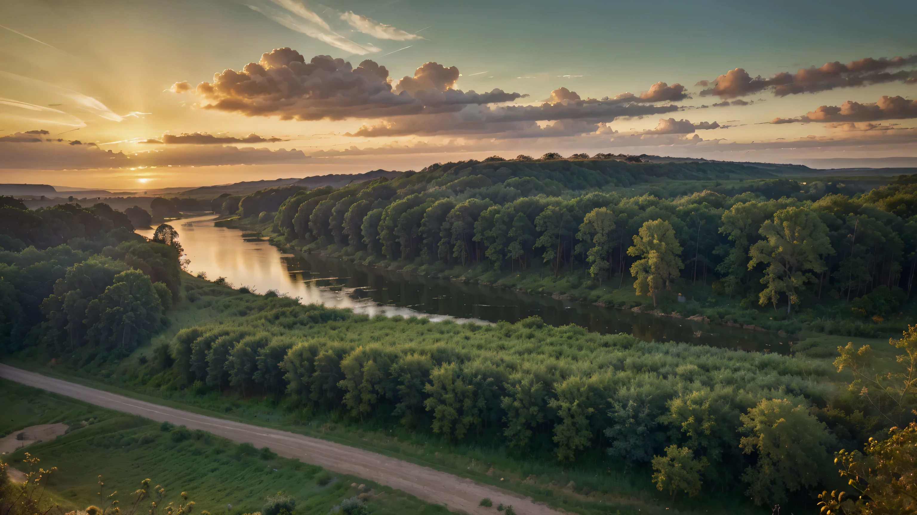 Um deslumbrante, high-resolution fotograph captured with a Phase One XF 100MP camera and a 300mm lens. The image shows a stunning sunset on the horizon, casting a warm golden light over a vast green field with tall green trees. The depth of the landscape is accentuated by the presence of a wide river meandering through the scene and the vast sky above... Rich vegetation and wildlife dot the landscape, creating a feeling of life and vitality. Exposure is set to ISO 800 ef film/5.6, capturing the beauty and details of the scene in a captivating poster., imagem digna., foto, poster, wildlife fotography