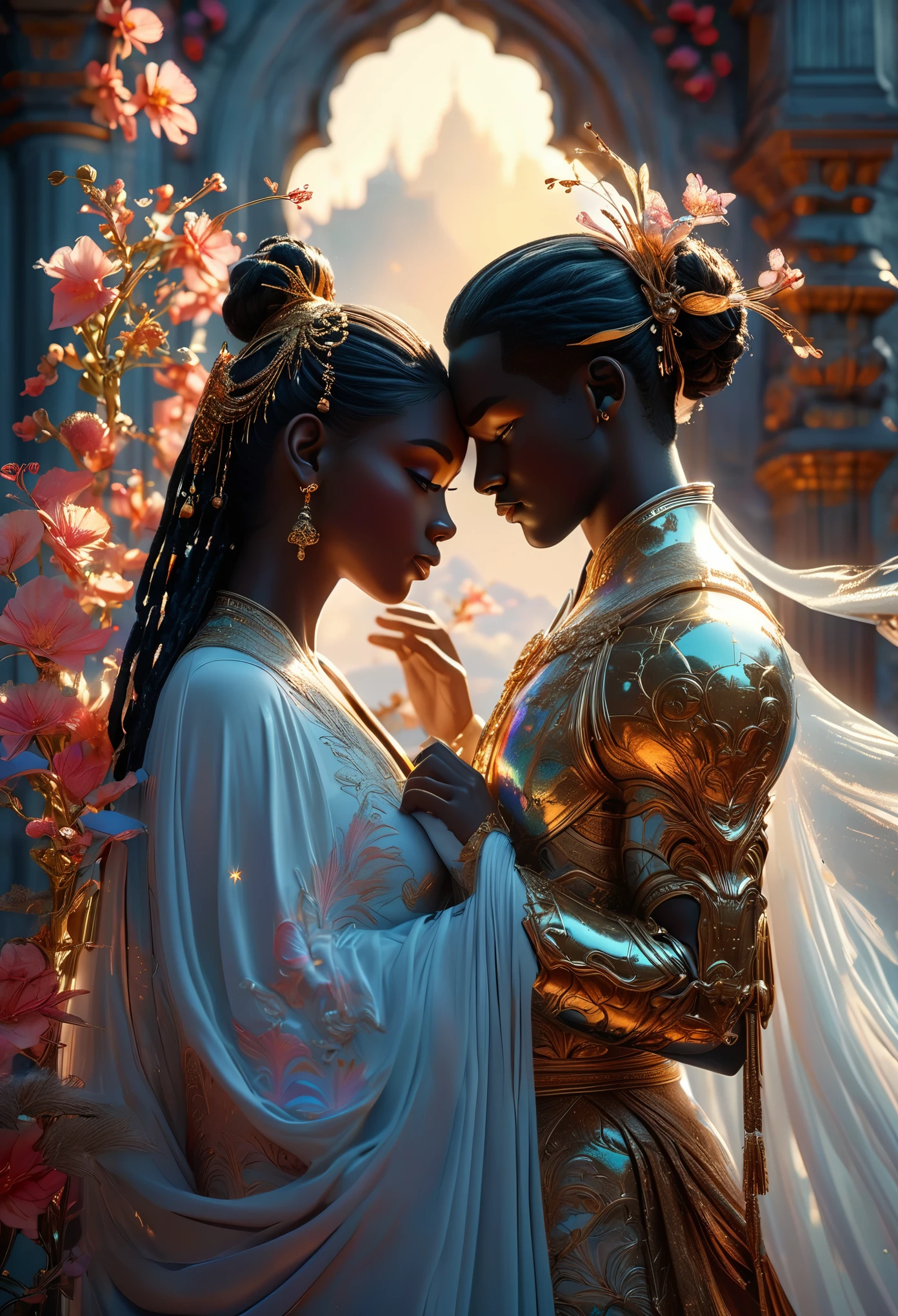 Two (((darkskinned))) loving couples in a celestial landscape, heavenly gardens, two young dark-skinned couples in their 20s, for both couples the men are both in love with the two women but not them, the first (((darkskinned))) couple is a dark-haired imperial duke and a pregnant dark-skinned red-haired celestial warrior, the second (((darkskinned))) couple is the dark-haired celestial guardian and a dark-haired imperial judge with short hair, Full body, 8K, extremely detailed, high quality, (photorealistic:1.37), Full body, ideal proportions and defined complexion, meticulously crafted features, unreachable beauty, perfection, breathtaking elegance, g curves, goddess-like figures, divine symmetry, artistic masterpieces, vivid realism, hyper-detailed sculptures, life-like forms, truly awe-inspiring, impeccable craftsmanship, pure radiance, ethereal beauty, delicate contours, striking poses, sublime beauty, subtle nuances, dynamic compositions, vibrant colors, perfect lighting, soulful expressions, celestial aura, majestic presence, dreamlike atmosphere, unmatched gdetailed octane render trending on artstation, 8 k artistic photography, photorealistic concept art, soft natural volumetric cinematic perfect light, chiaroscuro, award - winning photograph, masterpiece, perfect composition, beautiful detailed intricate insanely