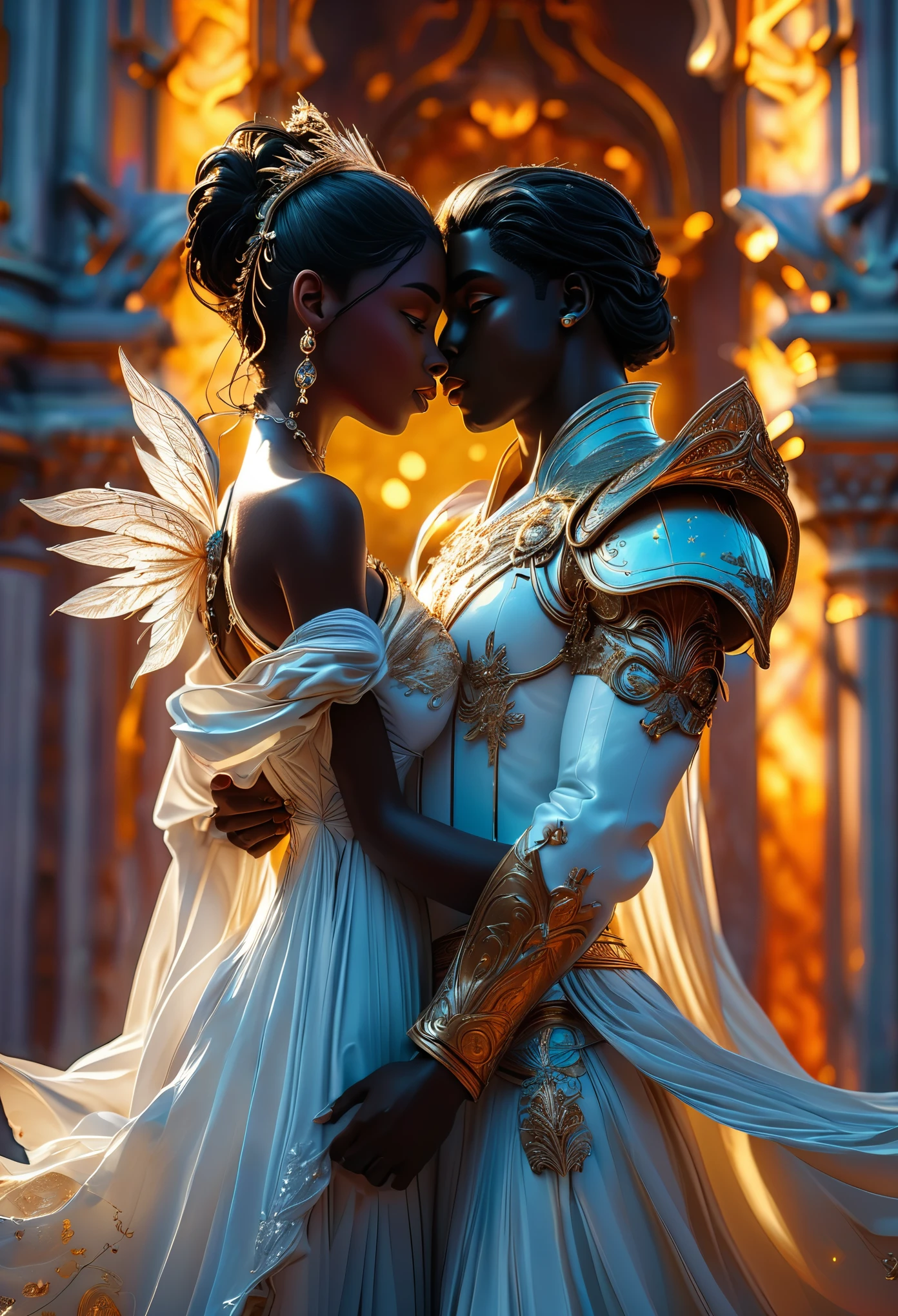 Two (((darkskinned))) loving duos in a celestial landscape, at a heavenly ball, two young dark-skinned couples in their 20s, for both couples the men are both in love with the two women but not them, the first (((darkskinned))) couple is a dark-haired imperial duke and a pregnant dark-skinned red-haired celestial warrior, the second (((darkskinned))) couple is the dark-haired celestial guardian and a dark-haired imperial judge with short hair, Full body, 8K, extremely detailed, high quality, (photorealistic:1.37), Full body, ideal proportions and defined complexion, meticulously crafted features, unreachable beauty, perfection, breathtaking elegance, g curves, goddess-like figures, divine symmetry, artistic masterpieces, vivid realism, hyper-detailed sculptures, life-like forms, truly awe-inspiring, impeccable craftsmanship, pure radiance, ethereal beauty, delicate contours, striking poses, sublime beauty, subtle nuances, dynamic compositions, vibrant colors, perfect lighting, soulful expressions, celestial aura, majestic presence, dreamlike atmosphere, unmatched gdetailed octane render trending on artstation, 8 k artistic photography, photorealistic concept art, soft natural volumetric cinematic perfect light, chiaroscuro, award - winning photograph, masterpiece, perfect composition, beautiful detailed intricate insanely
