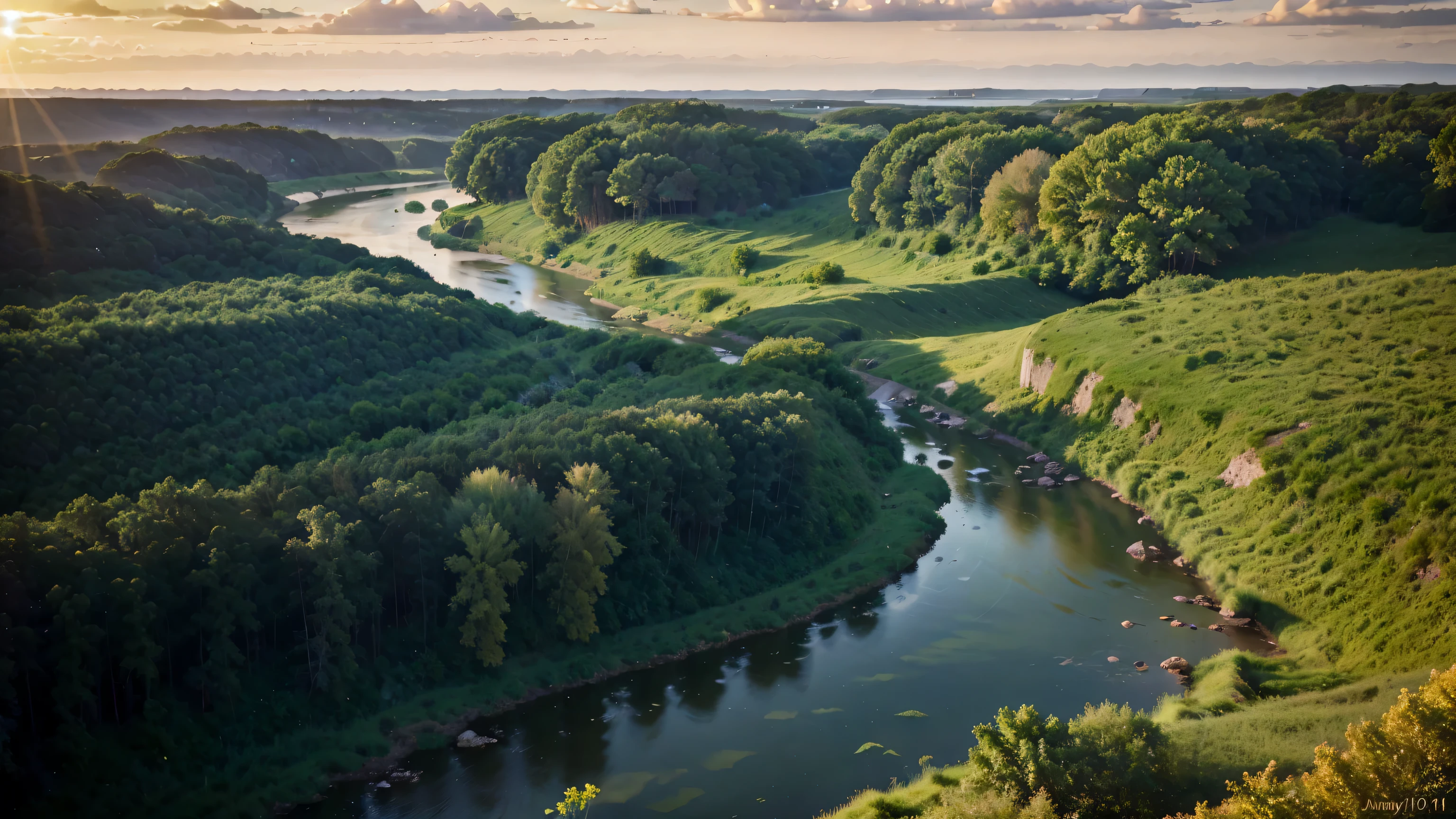Um deslumbrante, high-resolution fotograph captured with a Phase One XF 100MP camera and a 300mm lens. The image shows a stunning sunset on the horizon, casting a warm golden light over a vast green field with tall green trees. The depth of the landscape is accentuated by the presence of a wide river meandering through the scene and the vast sky above... Rich vegetation and wildlife dot the landscape, creating a feeling of life and vitality. Exposure is set to ISO 800 ef film/5.6, capturing the beauty and details of the scene in a captivating poster., imagem digna., foto, poster, wildlife fotography
