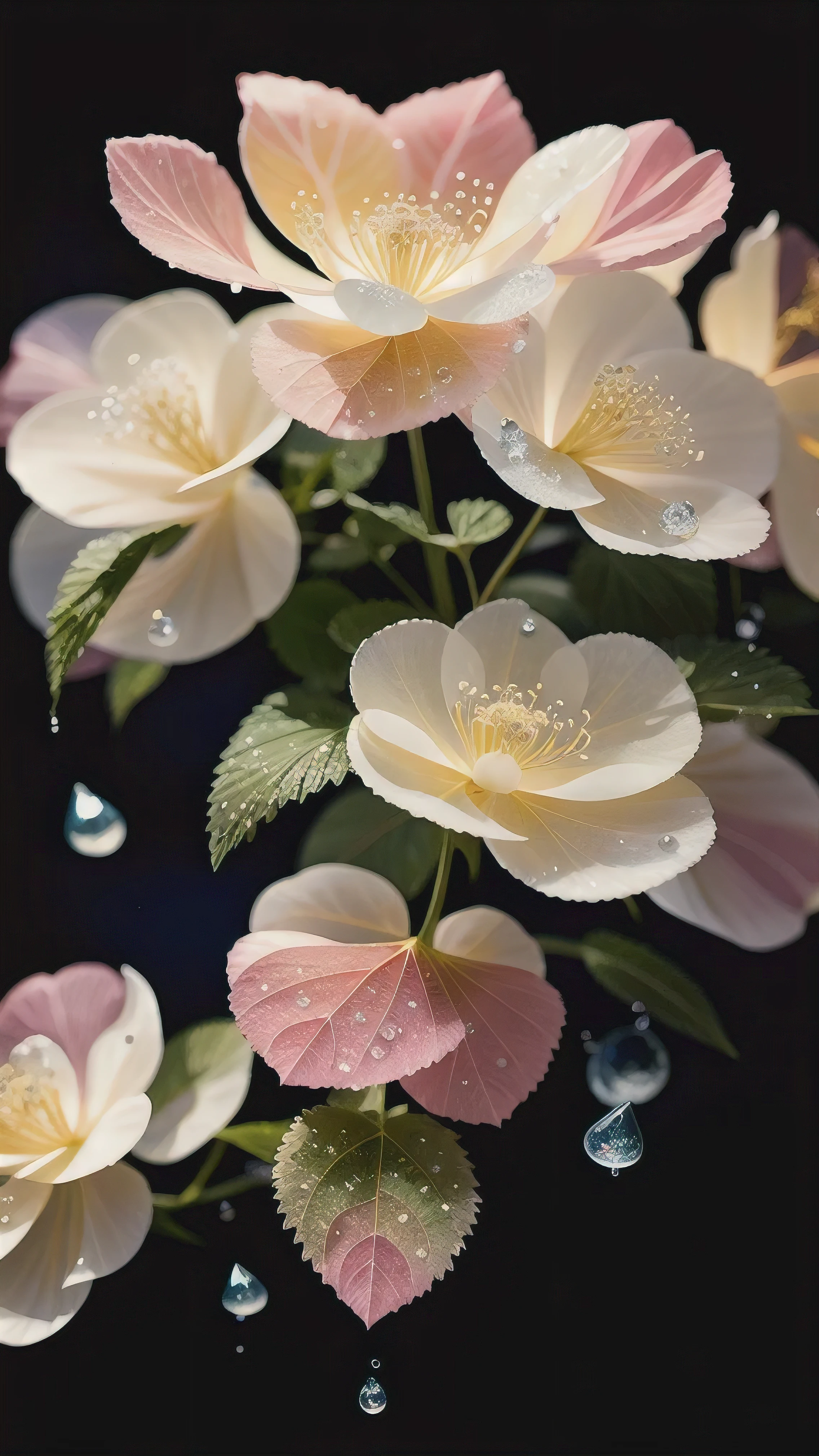 Delicate crabapple branches, super transparent, holy Light, beautiful spectral Light, 花瓣闪闪发Light, surrounded by Light mist, 透明water droplets, reflected Light, bright, Light flowing in, Light學, portrait silhouette, sharp focus, magic, complicated, surreal, fantasy, Work, Light, Art Station Trend, pearl, water droplets, Patronus cloud of silver vapor, Corrosion envelope family, 8k, ureal ar 23v4 upLight