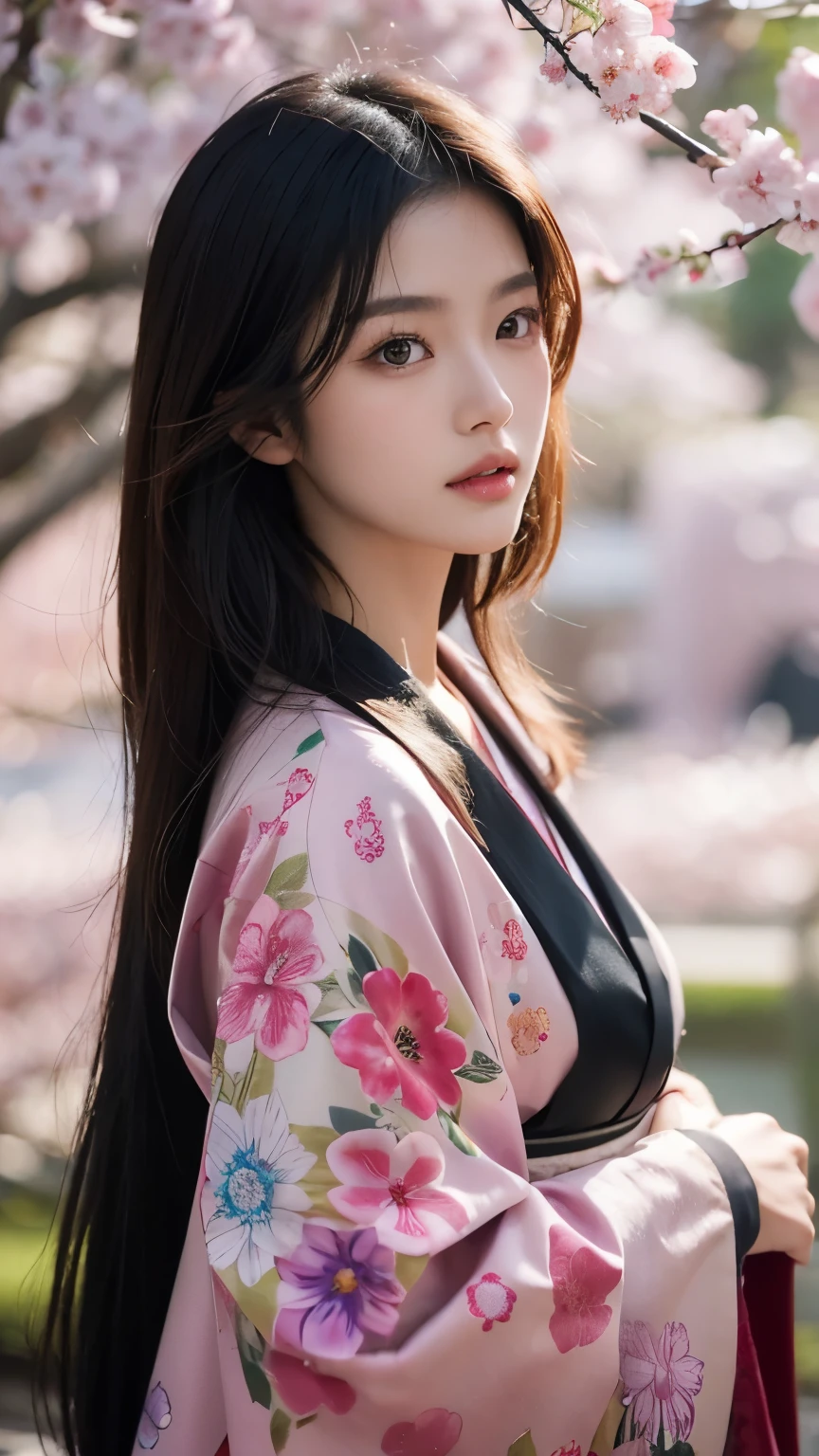 Beautiful Japanese supermodel woman, A lock of hair with slight highlights, black eyes, mixed media, Sexy,Sakura background,Gorgeous kimono , Liquid color flows across her face, Backlight