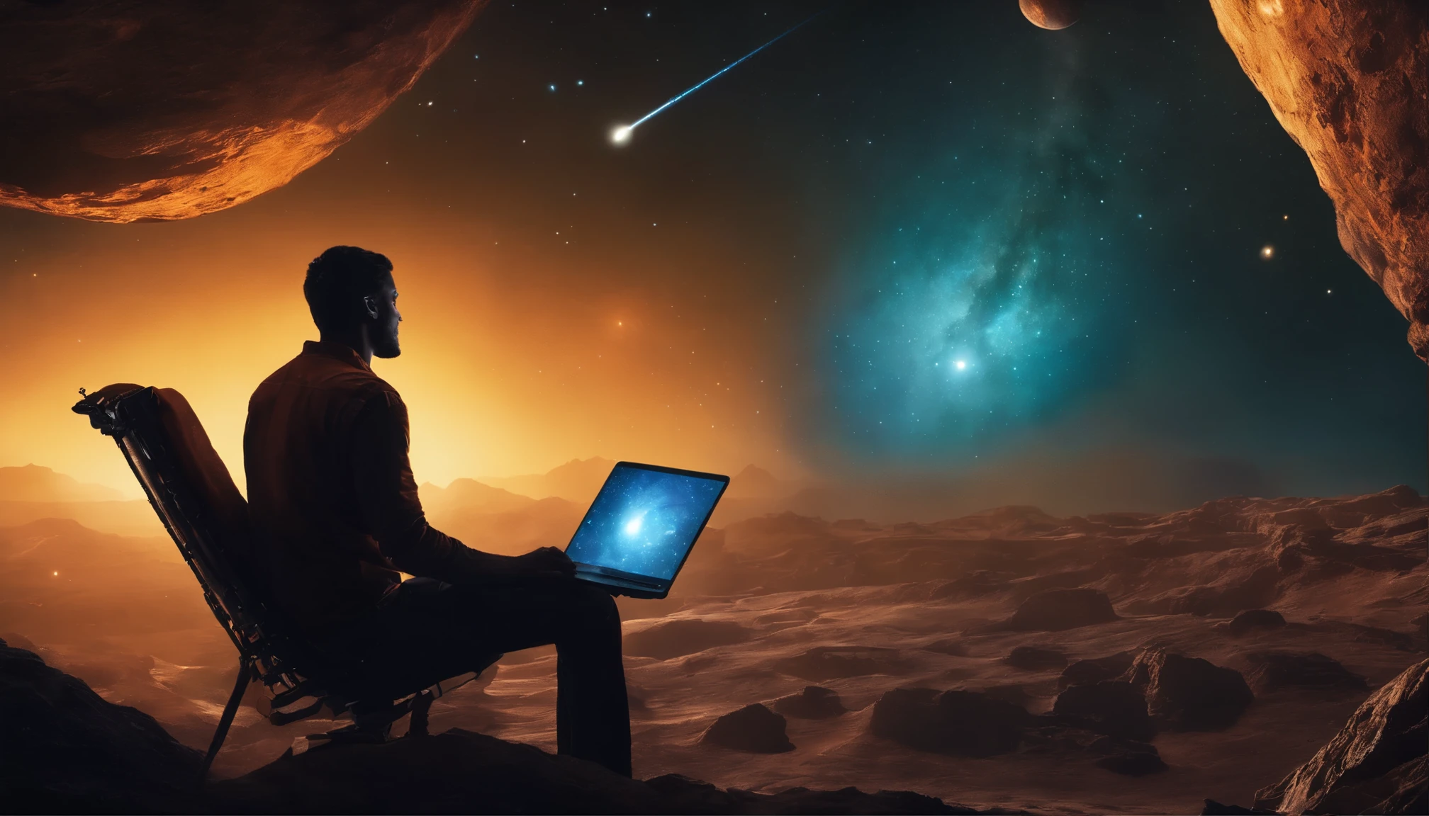 Dibuja un joven programador., sitting on a research platform floating in the middle of an asteroid belt. He is studying with a notebook., rodeado por varios asteroides que brillan con auras de fuego. Spectacular illumination of distant stars and planets illuminates the scene., proyectando sombras profundas sobre el traje. El joven parece confiado y decidido., mirando el vasto y misterioso universo con asombro y respeto,vello facial, tiro de vaquero,