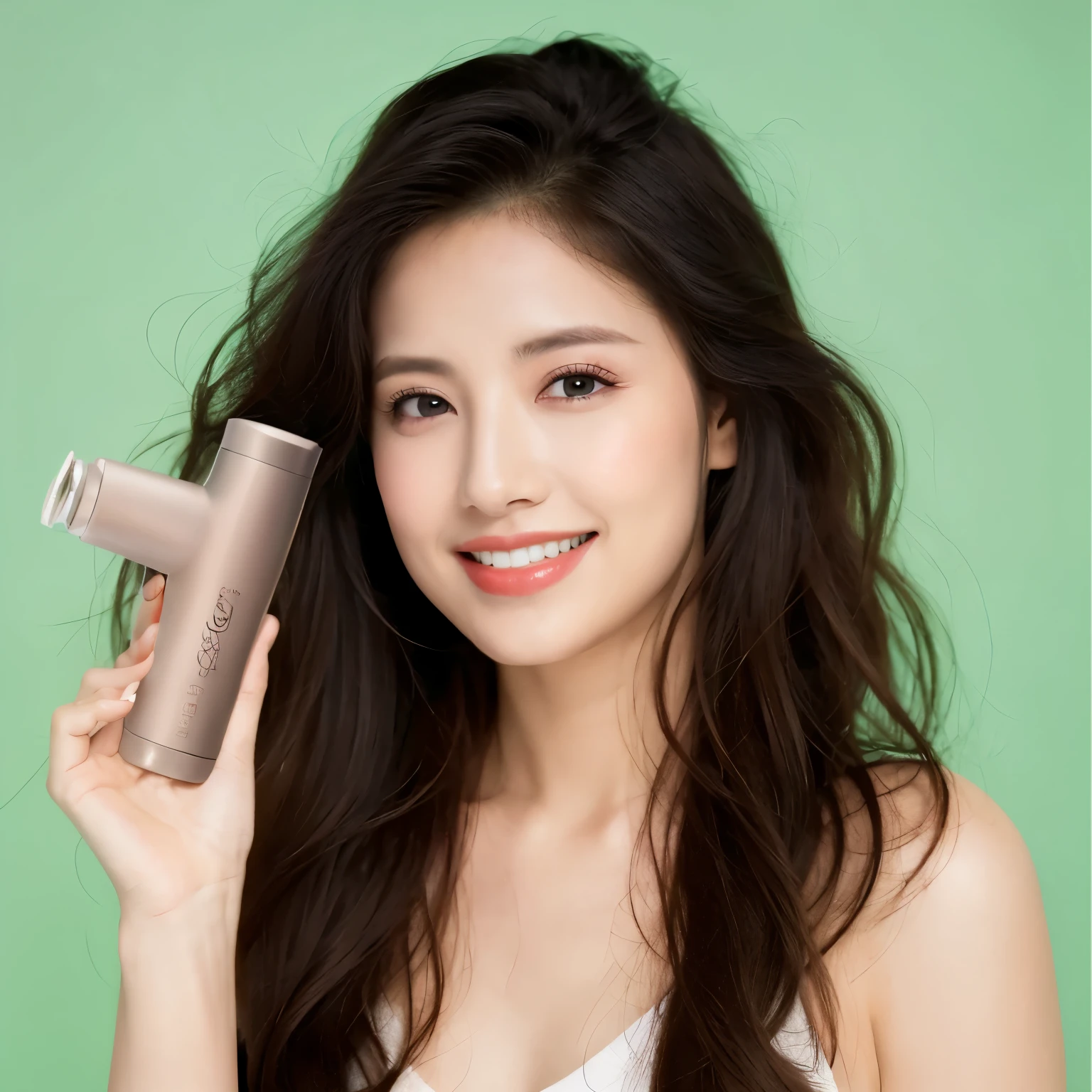 A woman holding and introducing a product with her right hand