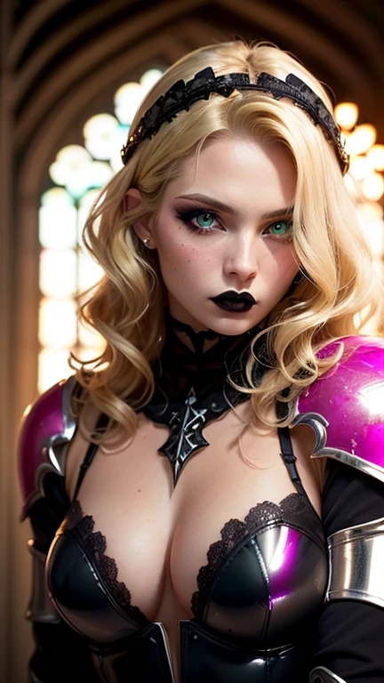 ((best quality: 1.5)) ((masterpiece: 0.8)), intricate details, sharp focus, professional, photorealistic, real life, realistic representation of the face, ((((solo, 1girl) muscular assassin, golden hour, (albino skin, intense expression, god rays, [flat chest:medium breasts:0.1])))) dynamic action pose, homely face, in the style of realistic and hyper detailed renderings, medieval church, stained glass, solo, BREAK; BREAK (((blonde wavy hair, (blackout gothic eyeshadow, makeup), clear green eyes))), (blemish: 0.7), ((fujicolor)), BREAK; BREAK ((((medieval paladin, (lacquered hotpink chrome armor:1.9 weapon, modest, knight, iron circlet, etching))), photorealistic, hyper-realistic))