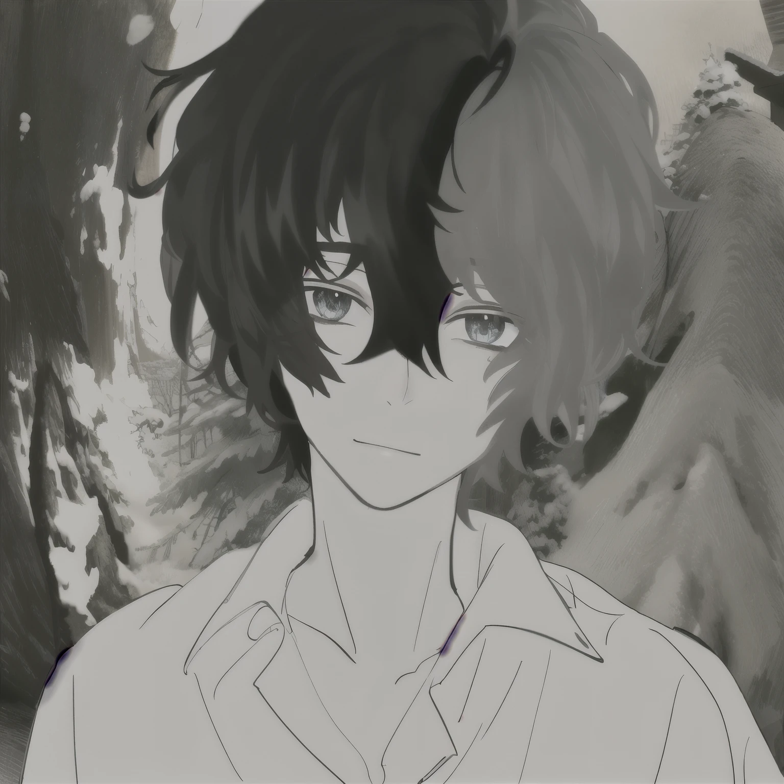 a boy,The hair on the left side is black,The right half is white,in the snow
