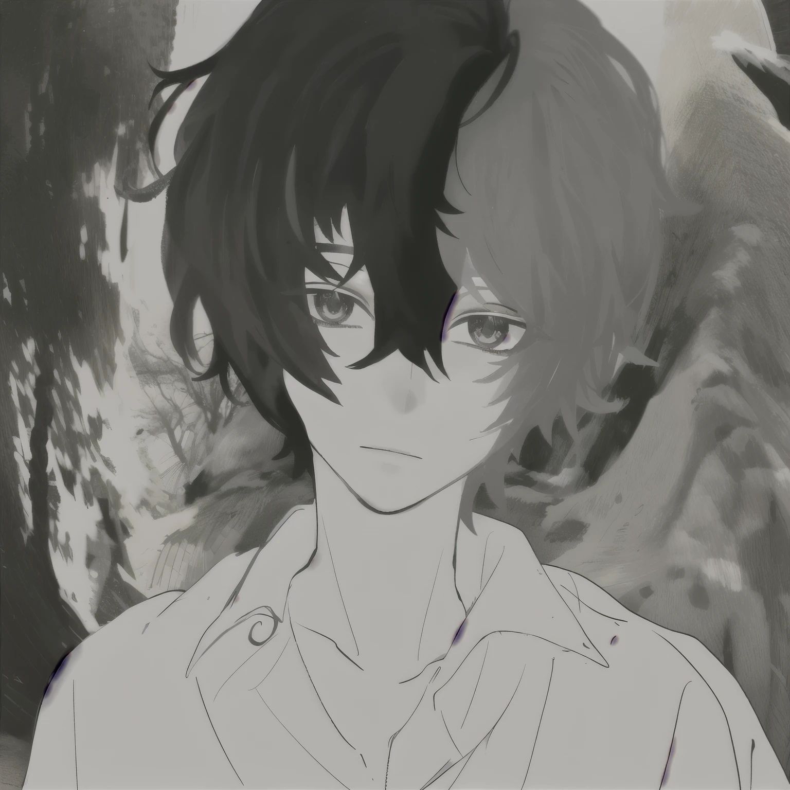 a boy,The hair on the left side is black,The right half is white,in the snow