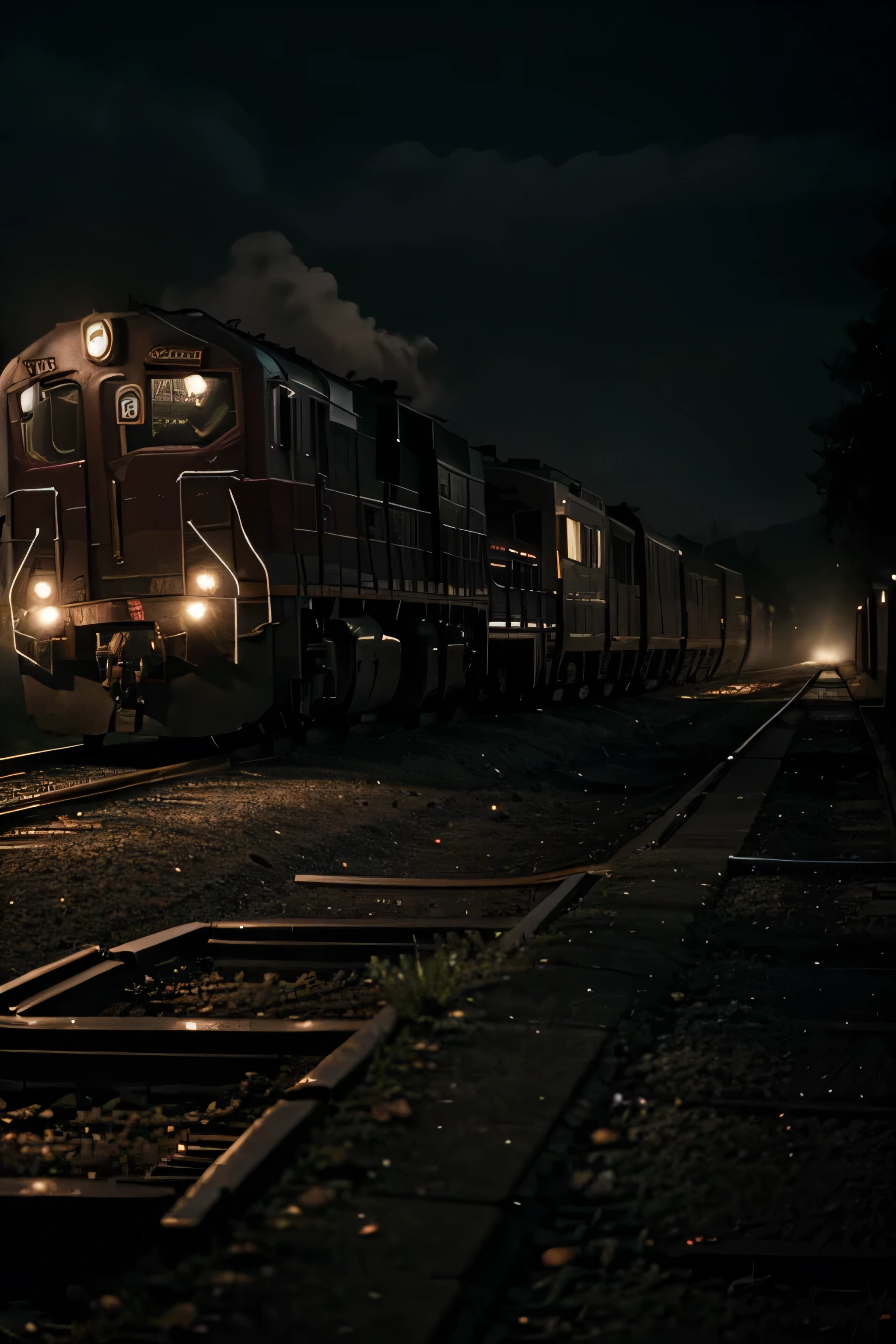 Create a train with carriages passing through a mysterious and dark location, como um filme de terror, Realistic 8k cinematic image