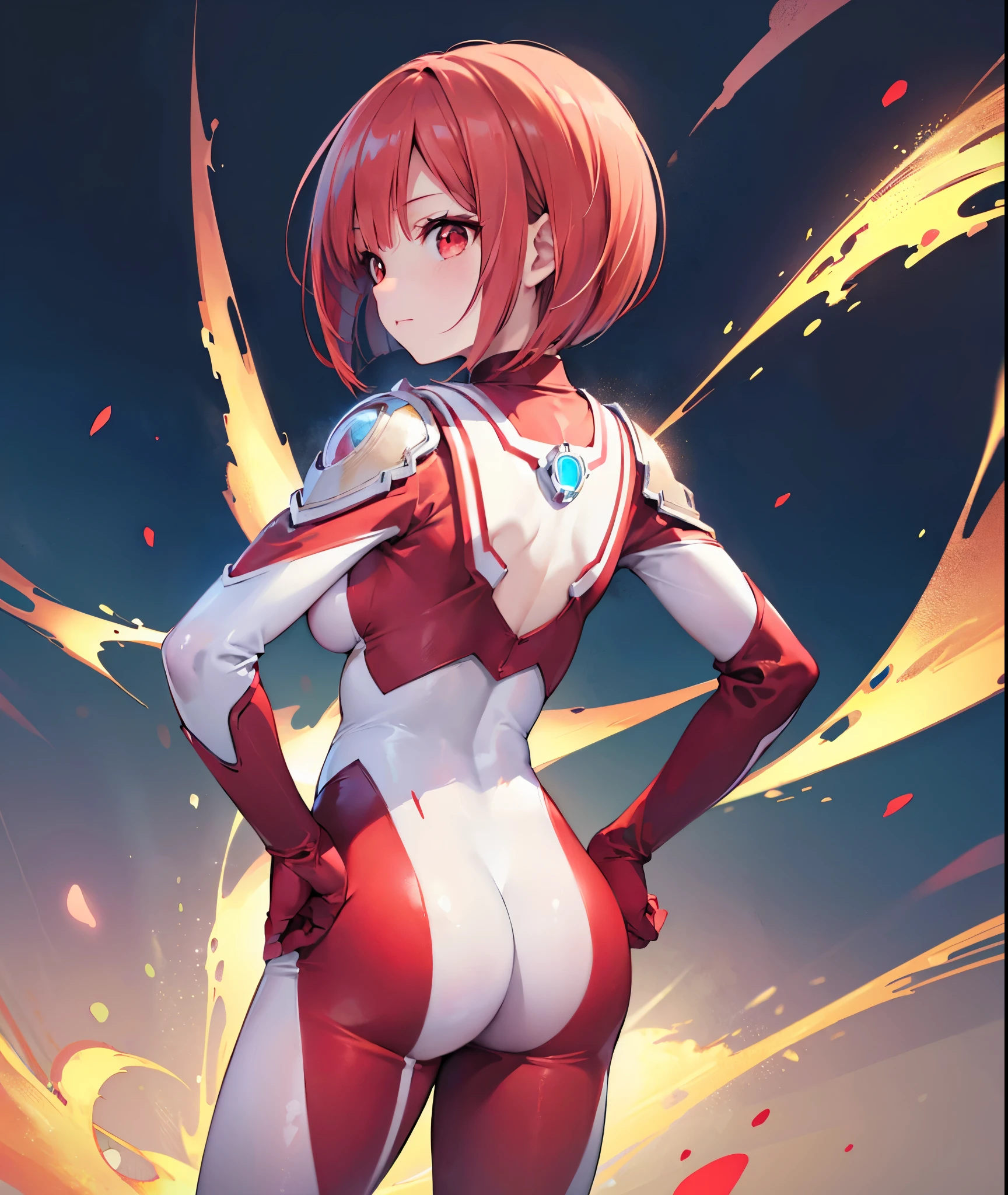 Super close-up,highest quality, ultra detail, High quality CG drawing, The most delicate and beautiful, Floating gently, High resolution, (1 girl), (Highest image quality,4K,8K,masterpiece:1.2),(all red hair:1.5),(short bob:1.5),(red eyes:1.5), (ultra girl :1.0), (All red Ultraman bodysuit:1.4),slightly bigger breasts,red gloves,(Turn your back to your audience:1.3),butt,Upper body, (clenched fist:1.2),(put both hands on hips:1.2)