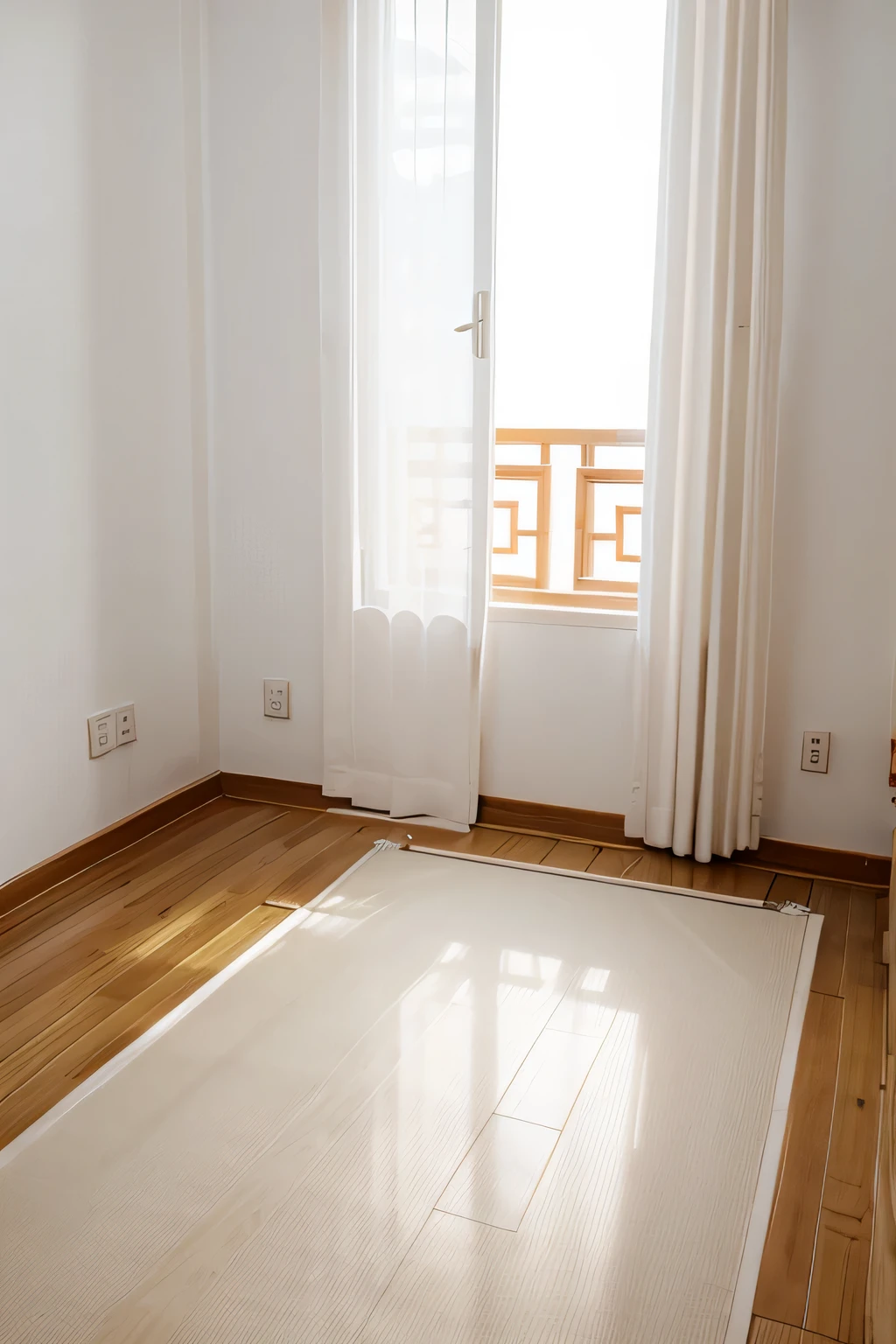 white，Minimalism，curtain，wooden floor，prayer area，daytime，look down。