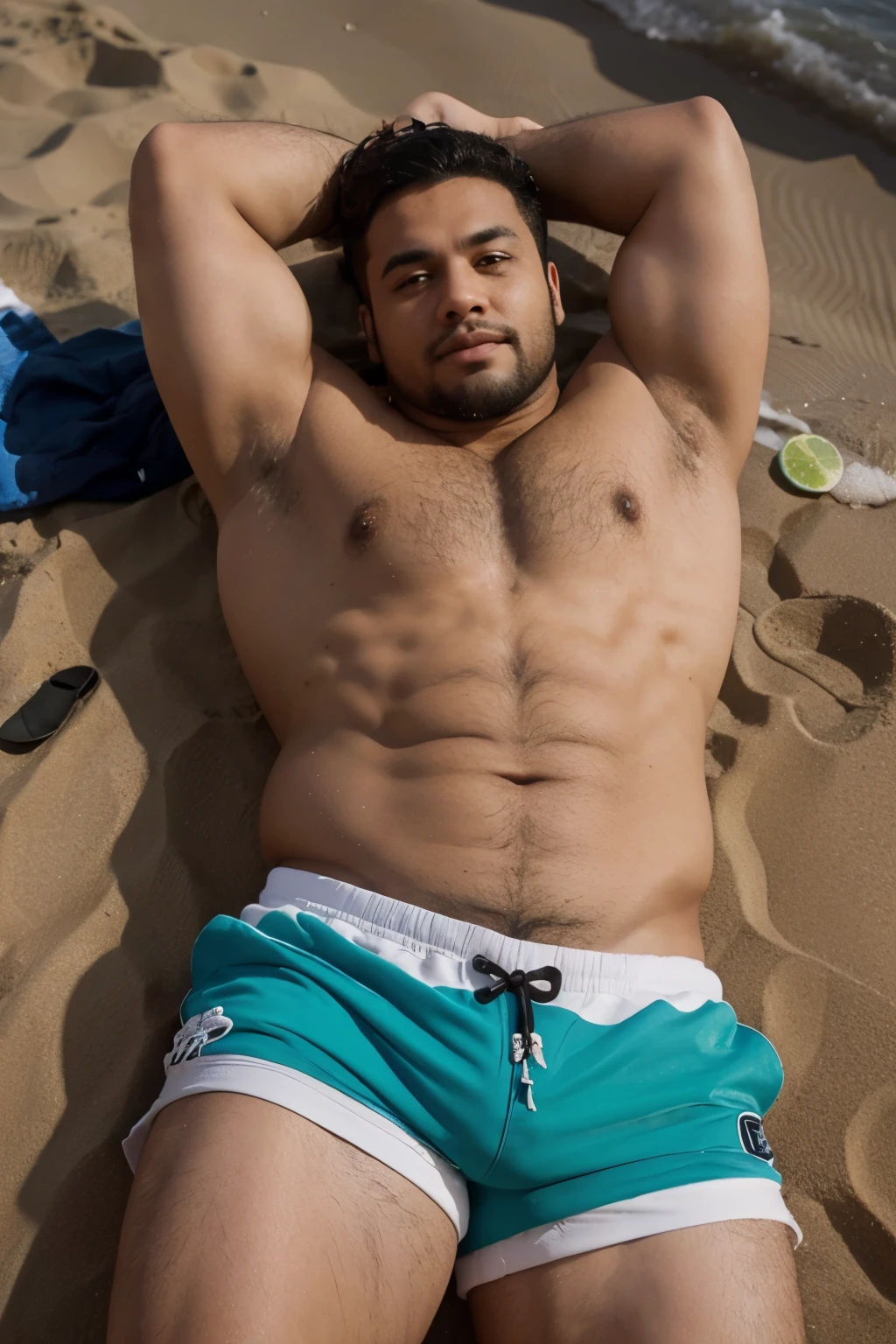 a Brazilian Man 42 hairy mulatto body chubby armpits up wearing crazy shorts stocky body on the beach 