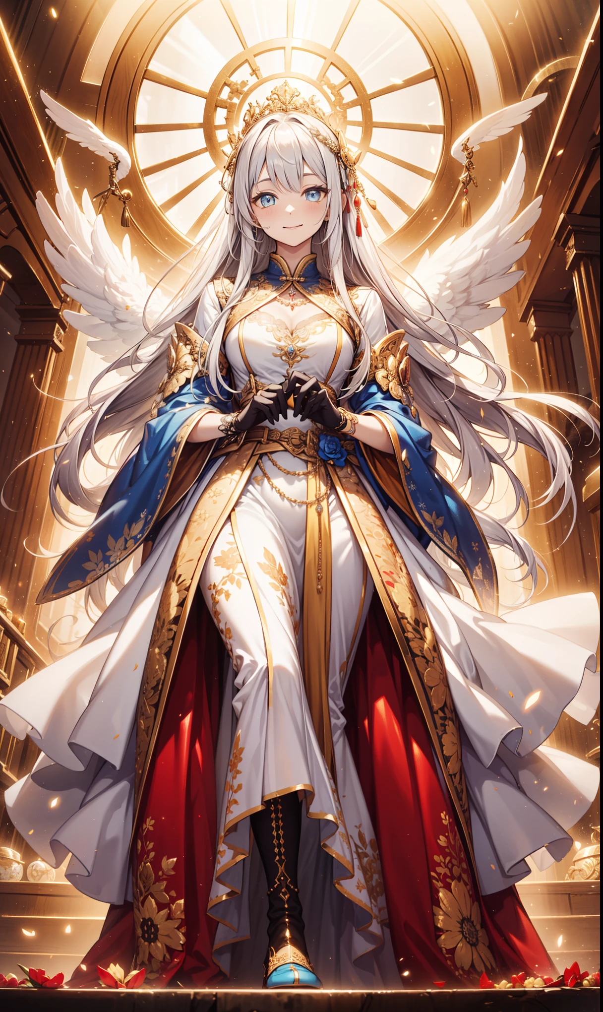 top quality,highest resolution,metropolitan,Elegant and charming,charm,in love,sacred style,(Intricately designed clerical hybrid clothing),young women,Gloves,very long golden hair,Hair tied to the floor,Smile,Blue jewel-like eyes,Design intricate clothes,gem,Sculpture,Unusual decoration,intricate metal crown,Transparent lace,Light的图案,gold stripes,dress nicely,Heavenly background,night,Carved suspender boots,Super super details,圣Light特效,cloud,fog,Light,Exquisite and beautiful eyes and face