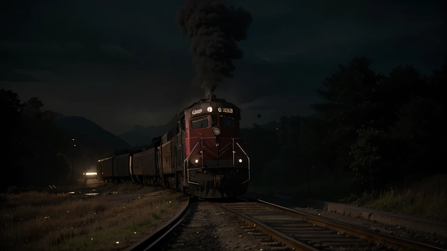 Create a train with wagons passing by in a sinister and dark location like horror movie realistic cinematic image 8k