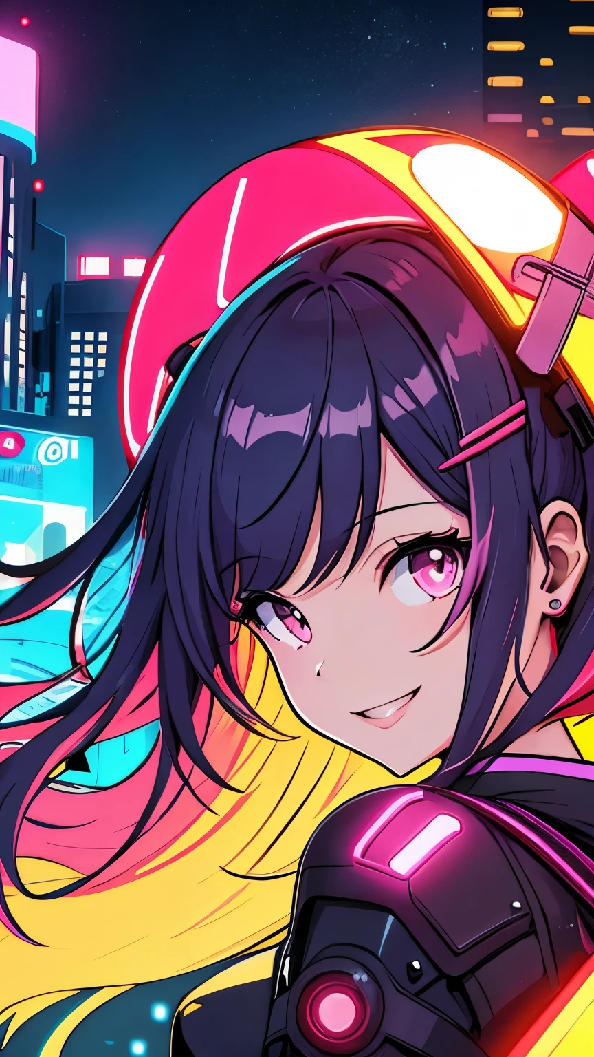 masterpiece, best quality, 1girl, solo, night, colorful, cityscape, cyberpunk, light smile, city pop, vector illustration