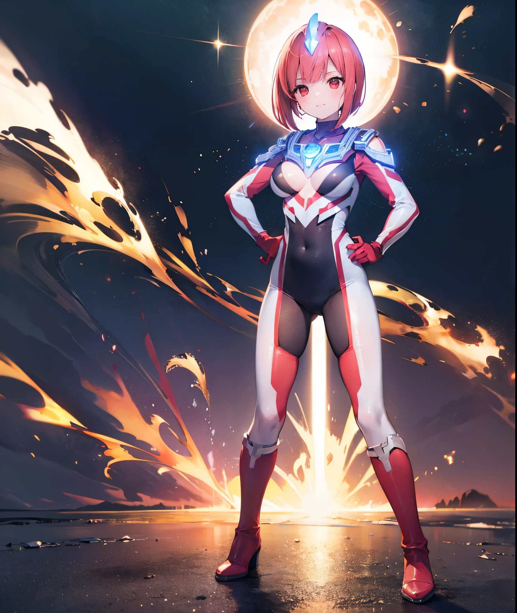 Super close-up,highest quality, ultra detail, High quality CG drawing, The most delicate and beautiful, Floating gently, High resolution, (1 girl), (Highest image quality,4K,8K,masterpiece:1.2),(all red hair:1.5),(short bob:1.5),(red eyes:1.5), (ultra girl :1.0), (All red Ultraman bodysuit:1.4),slightly bigger breasts,red gloves, (clenched fist:1.2),(put both hands on hips:1.2)