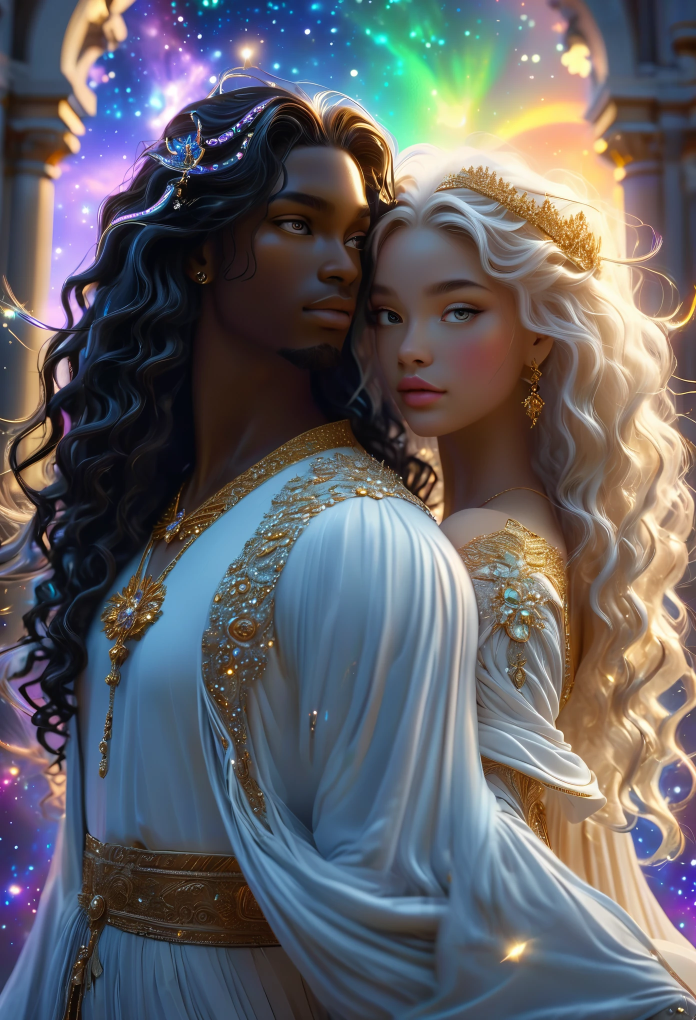 Two loving couples in a celestial landscape, two young dark-skinned couples in their 20s, the first couple is a divine prince with long curly brown hair and an albino imperial princess with long hair, the second couple is the celestial guardian with dark hair and violet eyes and an imperial judge with short dark hair and green eyes, Full body, 8K, extremely detailed, high quality, (photorealistic:1.37), Full body, ideal proportions and defined complexion, meticulously crafted features, unreachable beauty, perfection, breathtaking elegance, g curves, goddess-like figures, divine symmetry, artistic masterpieces, vivid realism, hyper-detailed sculptures, life-like forms, truly awe-inspiring, impeccable craftsmanship, pure radiance, ethereal beauty, delicate contours, striking poses, sublime beauty, subtle nuances, dynamic compositions, vibrant colors, perfect lighting, soulful expressions, celestial aura, majestic presence, dreamlike atmosphere, unmatched gdetailed octane render trending on artstation, 8 k artistic photography, photorealistic concept art, soft natural volumetric cinematic perfect light, chiaroscuro, award - winning photograph, masterpiece, perfect composition, beautiful detailed intricate insanely